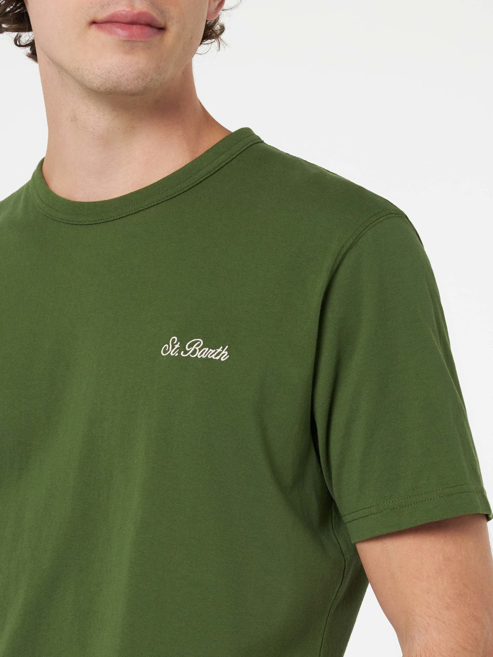Mc2 Saint Barth Man Military Green Cotton Jersey T-shirt Dover With St. Barth Embroidery In Green