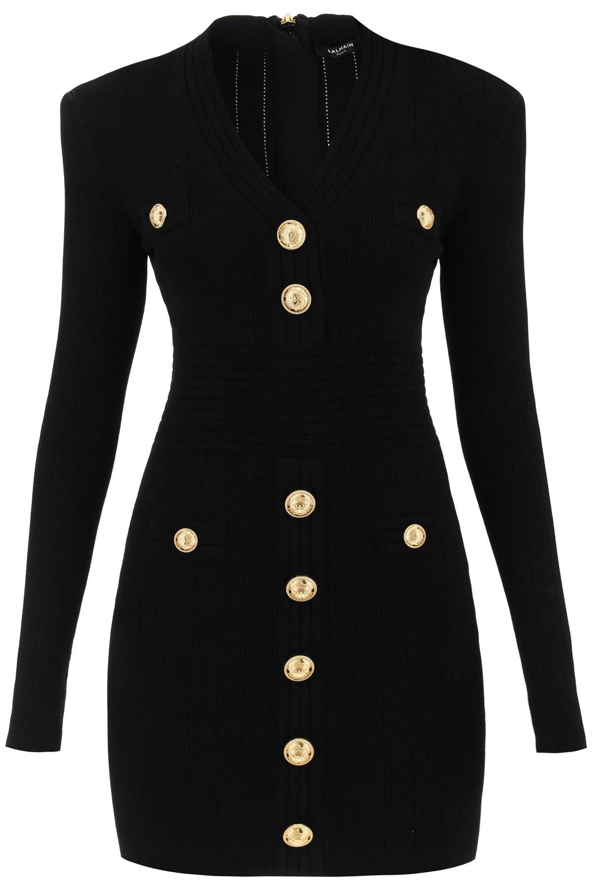 Shop Balmain Knit Minidress With Embossed Buttons In Black
