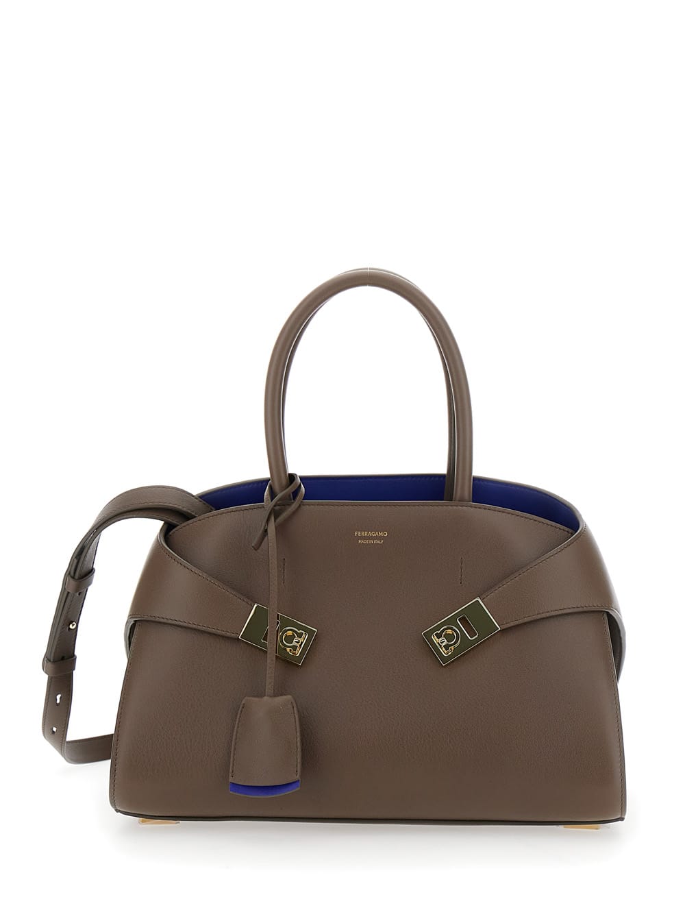 Ferragamo Hug S Brown Handbag With Logo And Gancini Buckle In Leather Woman