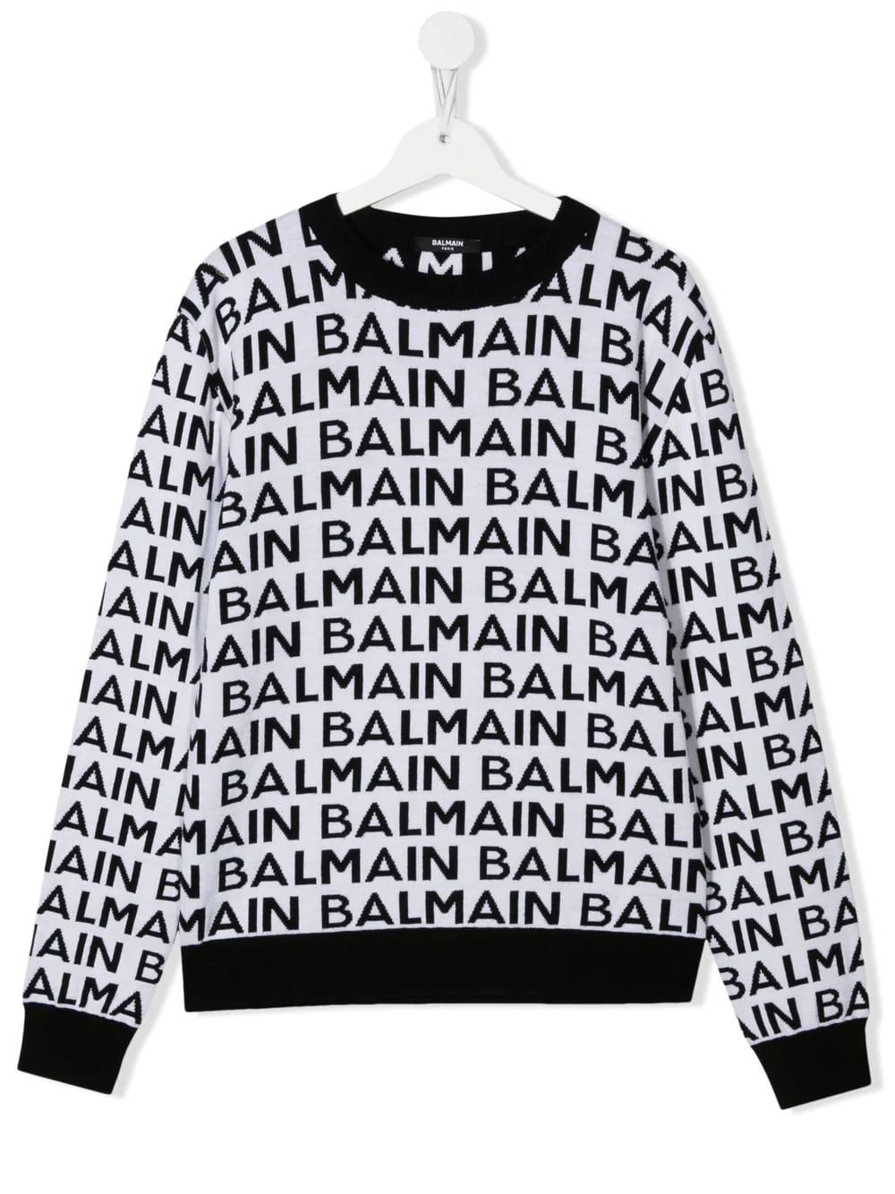 Balmain Kids Pullover In White Wool With Black All-over Logo