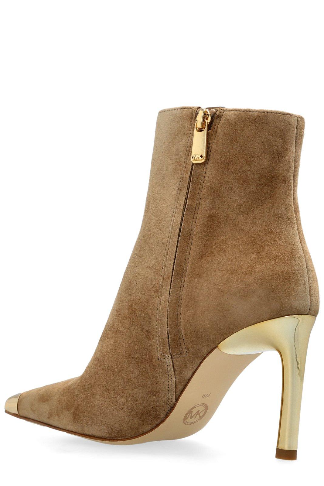 Michael Kors Suede Ankle Boots With Golden Metal Toe In Beige