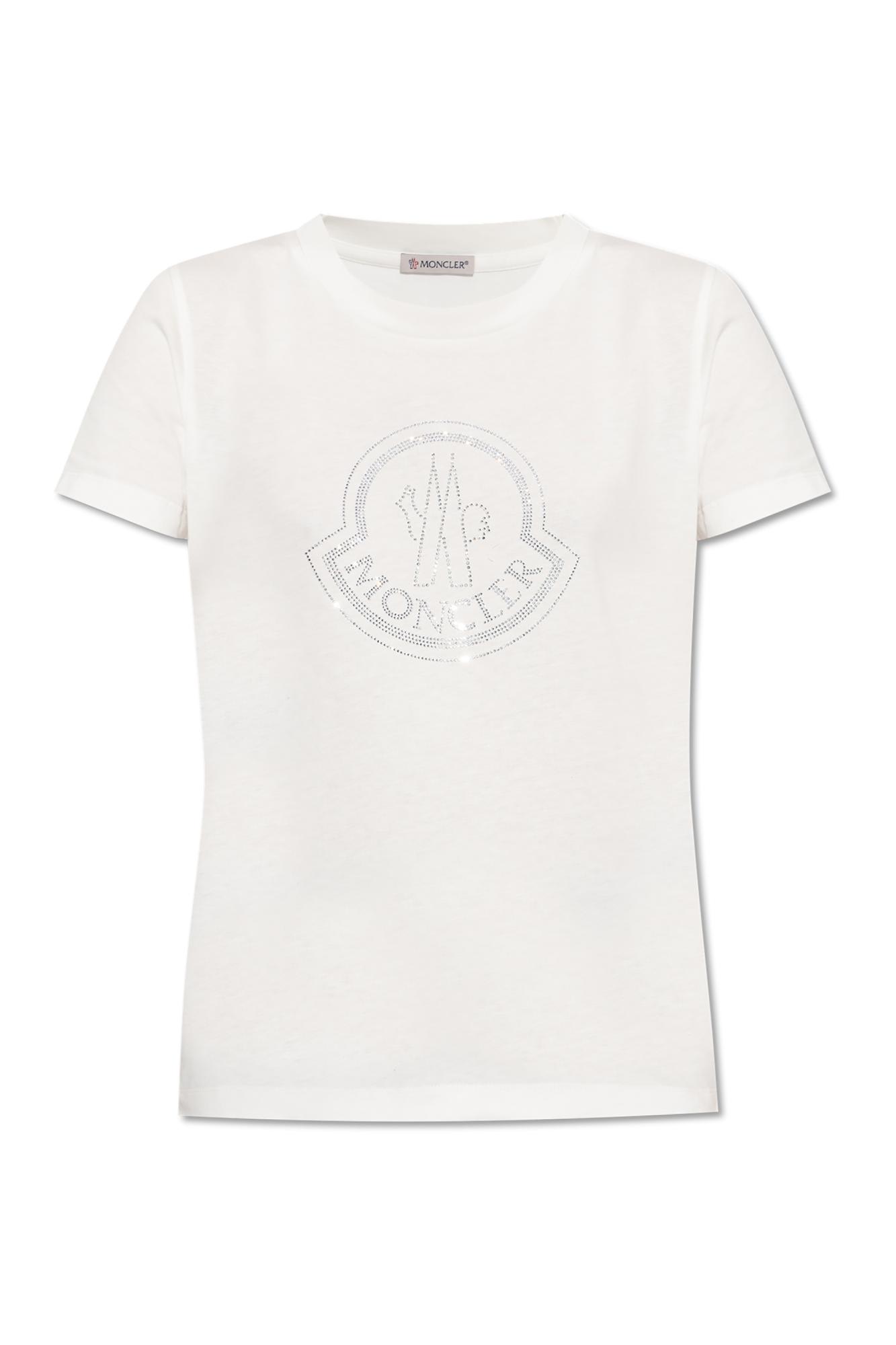 Moncler Women White Cotton Rhinestone Logo T-shirt In White