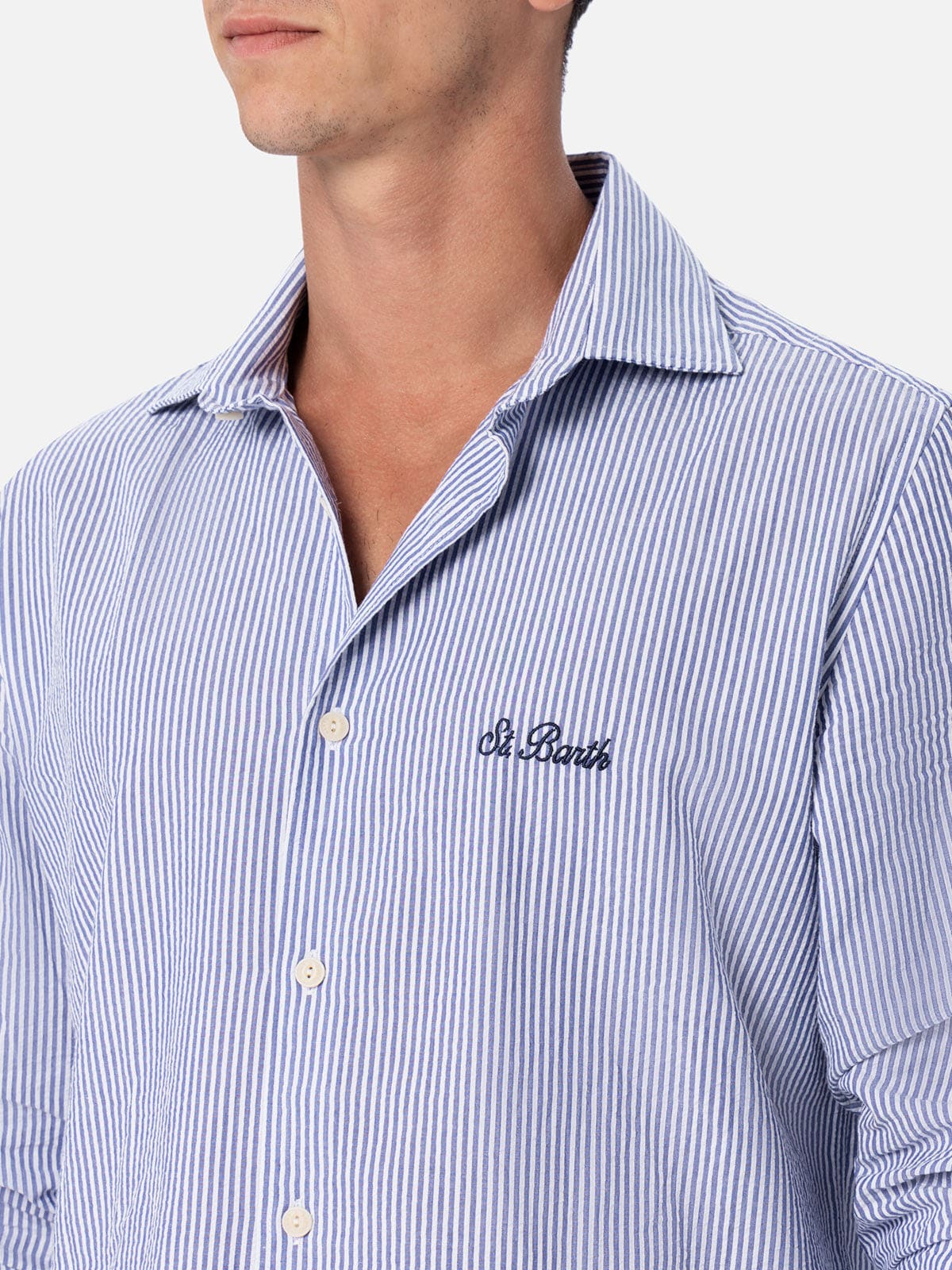 Shop Mc2 Saint Barth Man Seersucker Cotton Shirt Pamplona With Bluette Stripes In Sky