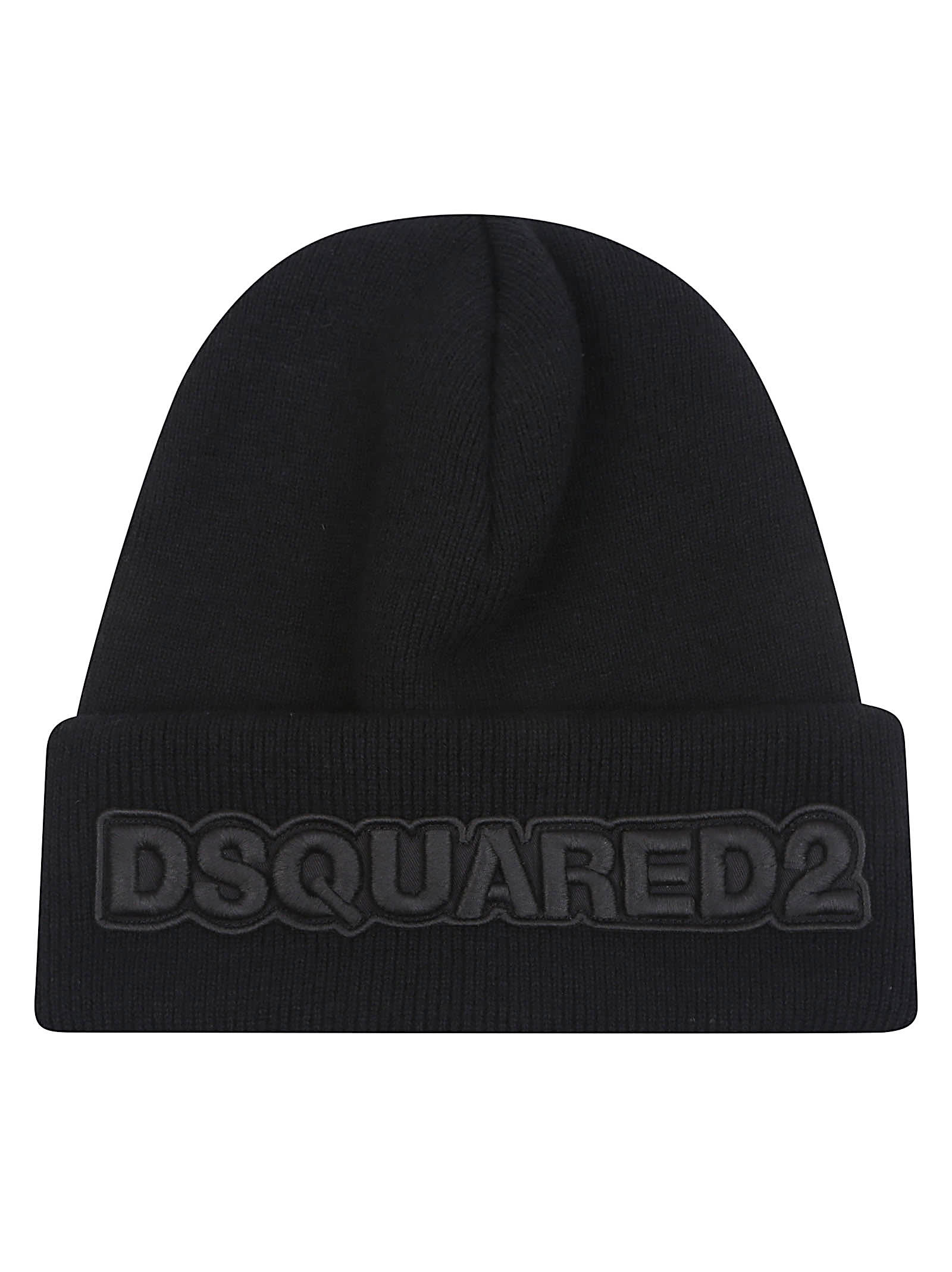 Dsquared2 Knit Folded Cuff Wool Beanie In Black