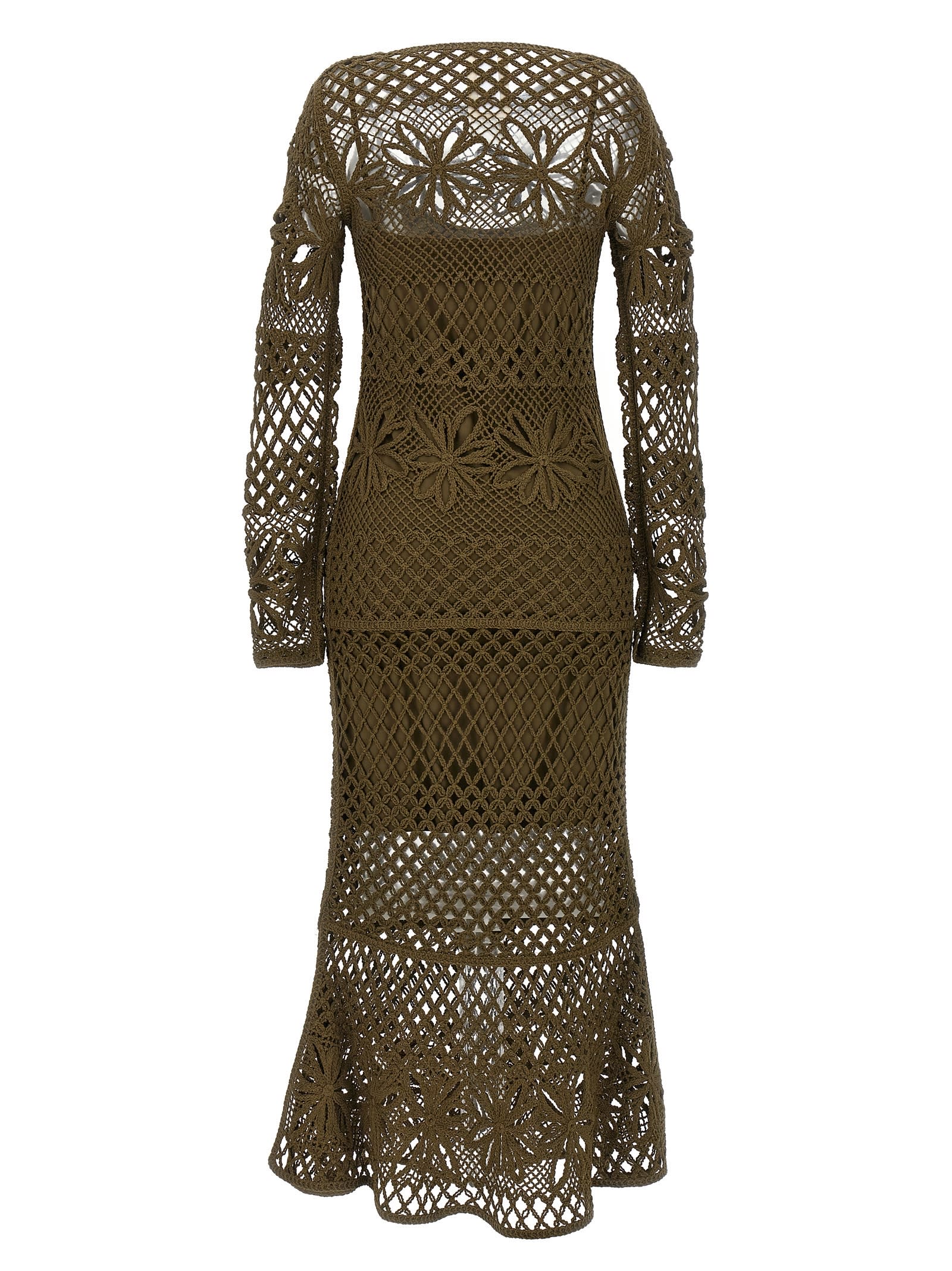 Pinko 'ortles' Green Crewneck Long Dress With Fishnet Design And All-over Floral Embroidery In Green