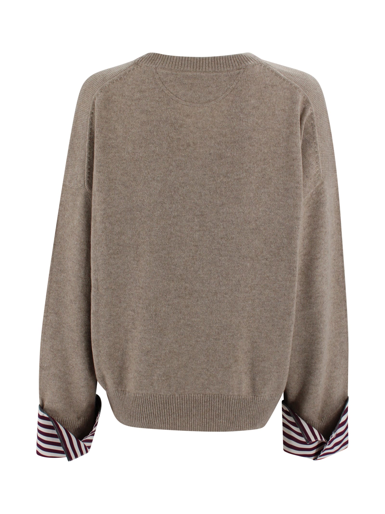 Brunello Cucinelli Cashmere Knit Jumper With Shirt Cuff Accents In Brown