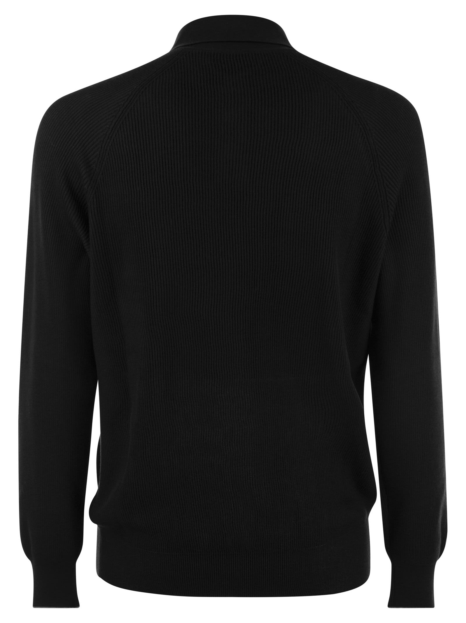 Shop Brunello Cucinelli Cotton Rib Knit Polo Shirt With Long Raglan Sleeve In Black