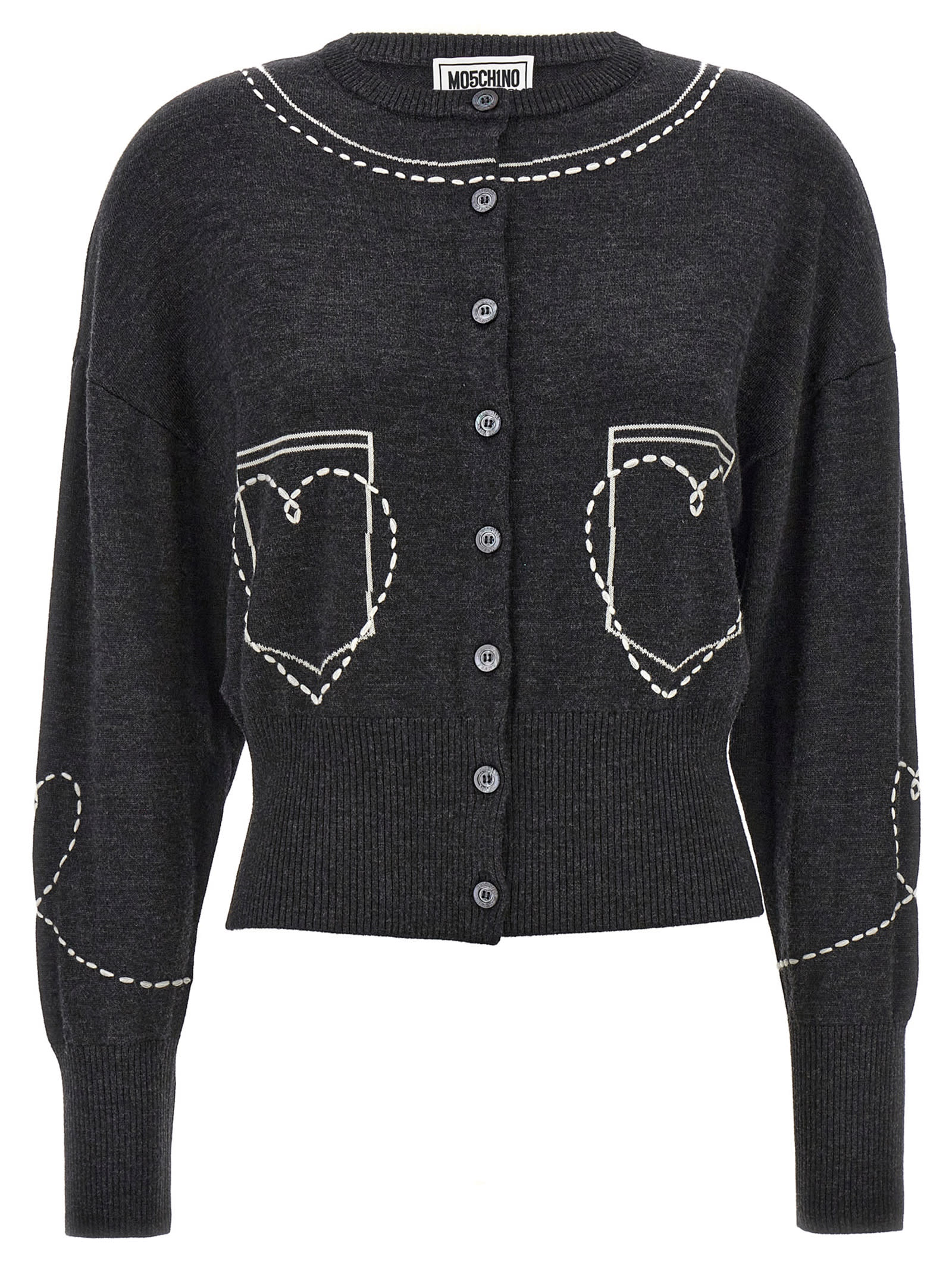 Shop M05ch1n0 Jeans Contrast Embroidery Cardigan In Gray