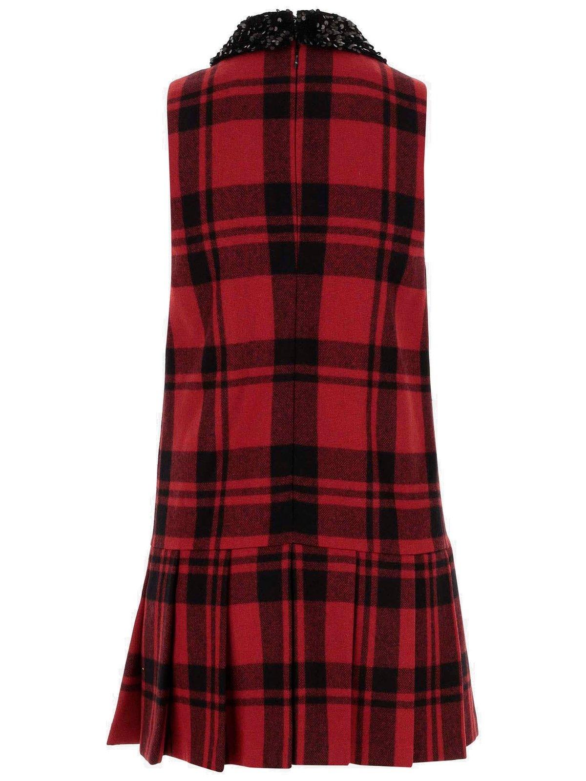 Shop Elisabetta Franchi Embroidered Patch Tartan Mini Dress In Nero E Rosso