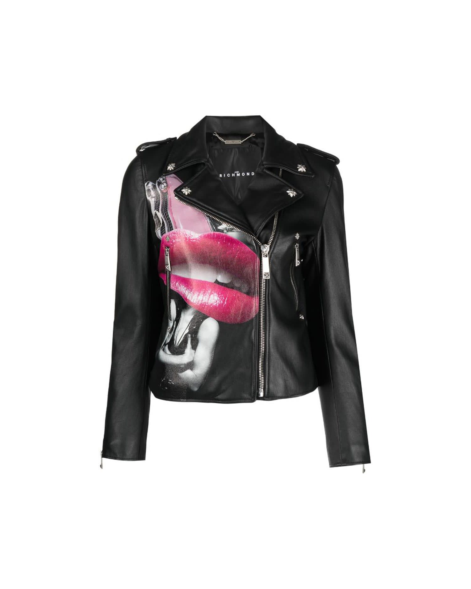 100% Leather Jacket With Heat Pressed Print. Decentralised Fastener By Contrasting Zip.