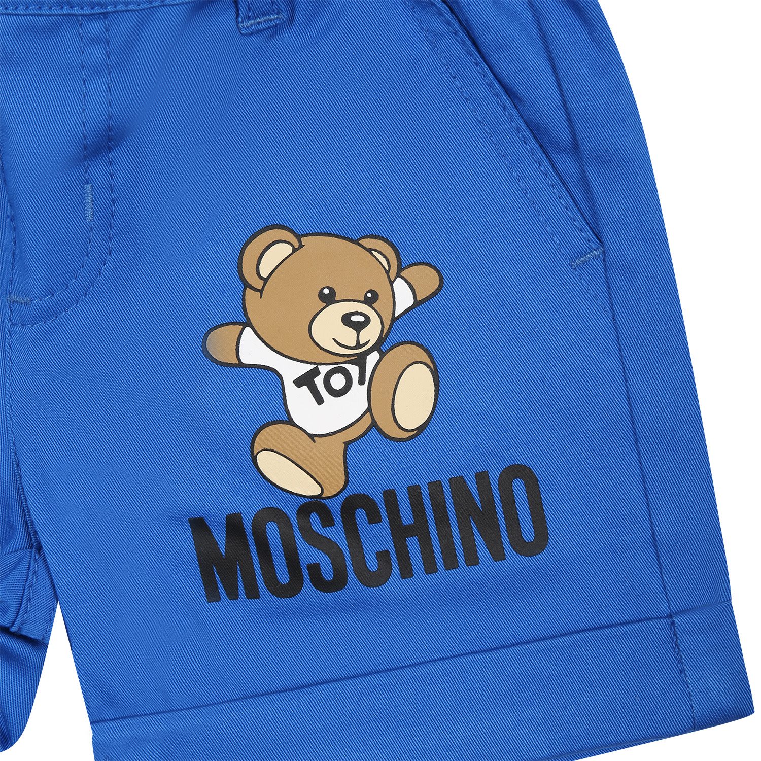 Shop Moschino Light Blue Shorts For Babies With Teddy Bear And Logo