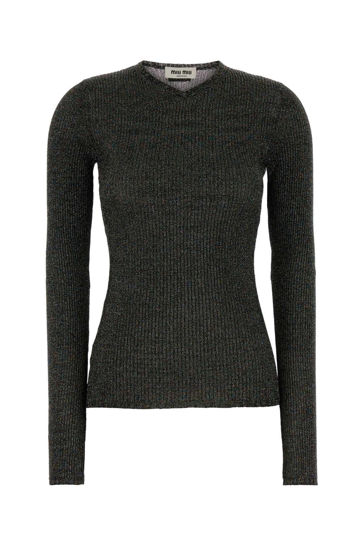 Miu Miu Fitted Long Sleeve Ribbed Top In Gray