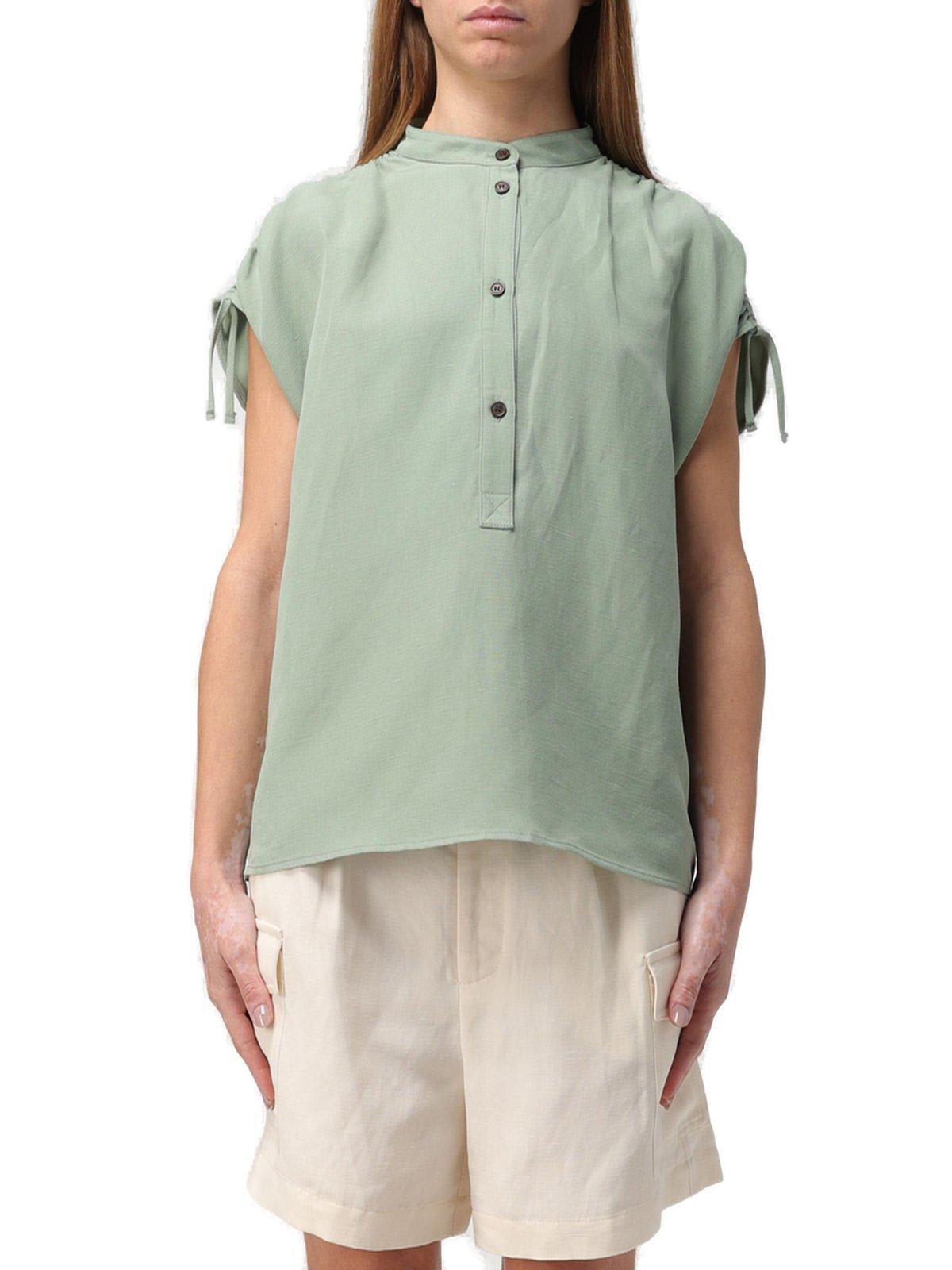 Shop Woolrich Ruched Straight Hem Sleeveless Shirt In Green
