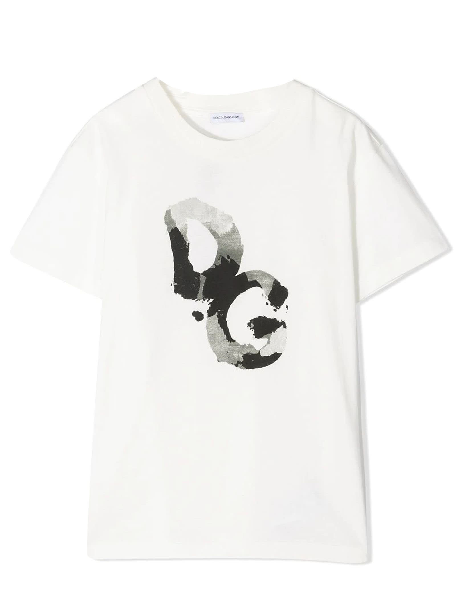 Dolce & Gabbana Kids' White Cotton T-shirt In Camouflage
