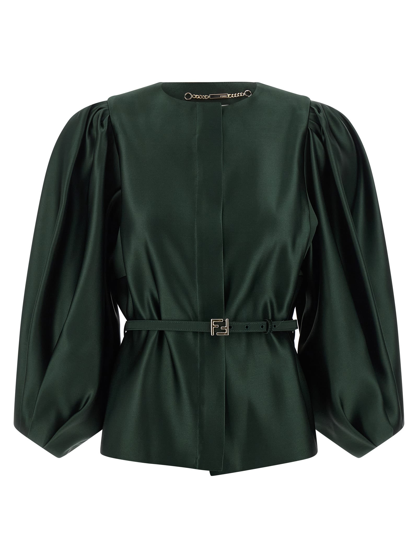 Fendi Satin Jacket With Balloon Sleeves And Belt In Green