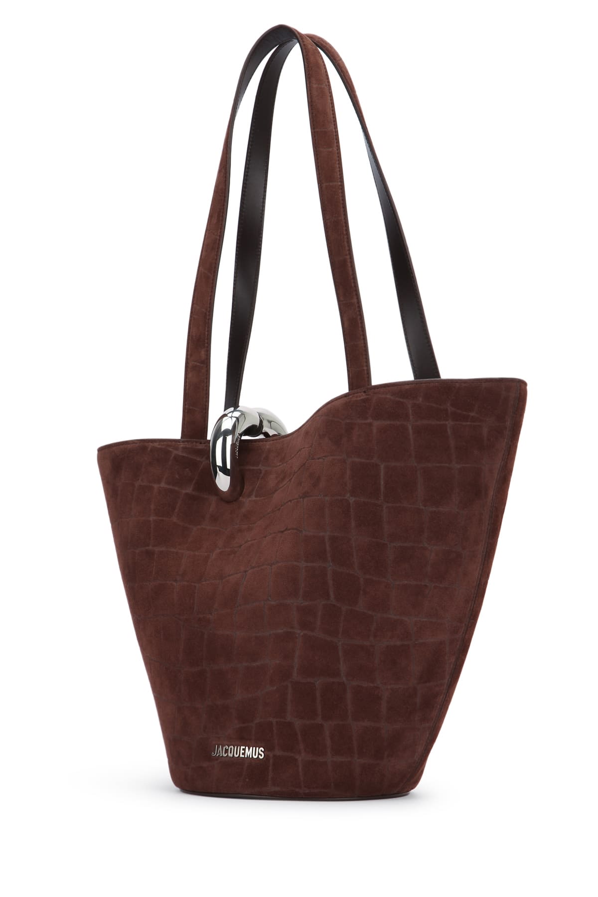 Jacquemus Medium Bambola Croc-embossed Suede Shoulder Bag In Brown