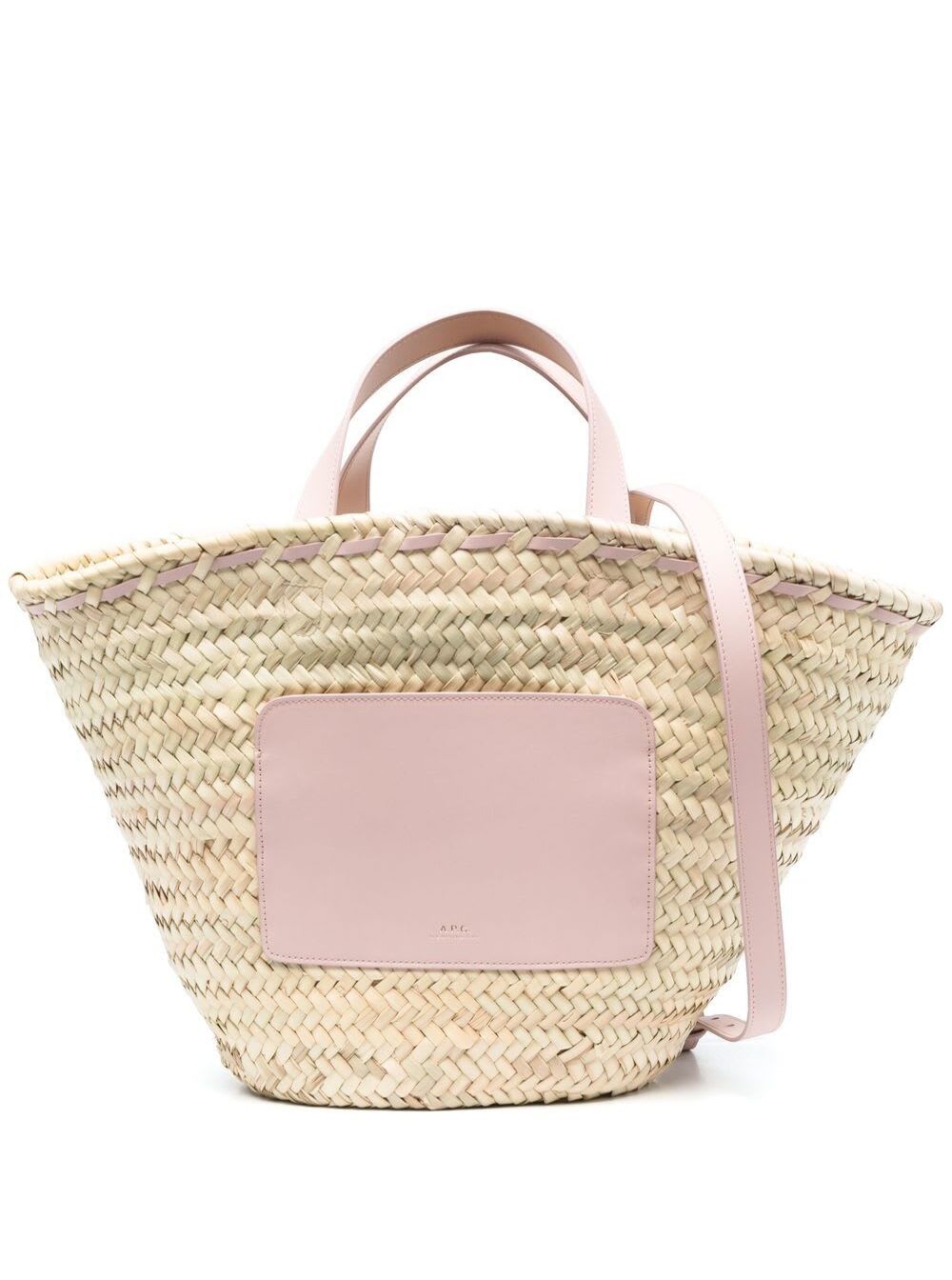 APC WOMANS ZOE WOVEN STRAW BEIGE AND PINK LEATHER SHOPPER BAG
