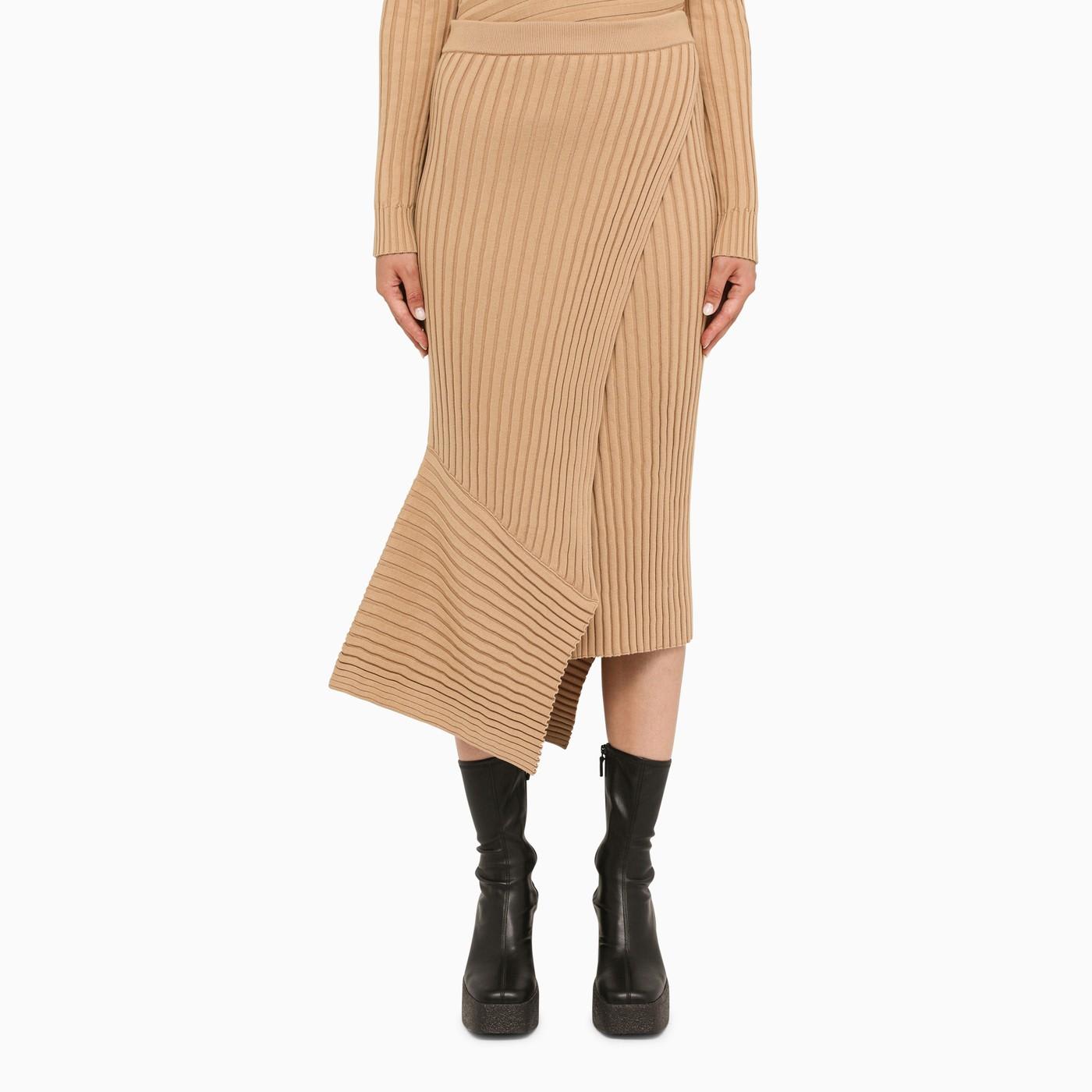 Beige Ribbed Knit Flared Skirt