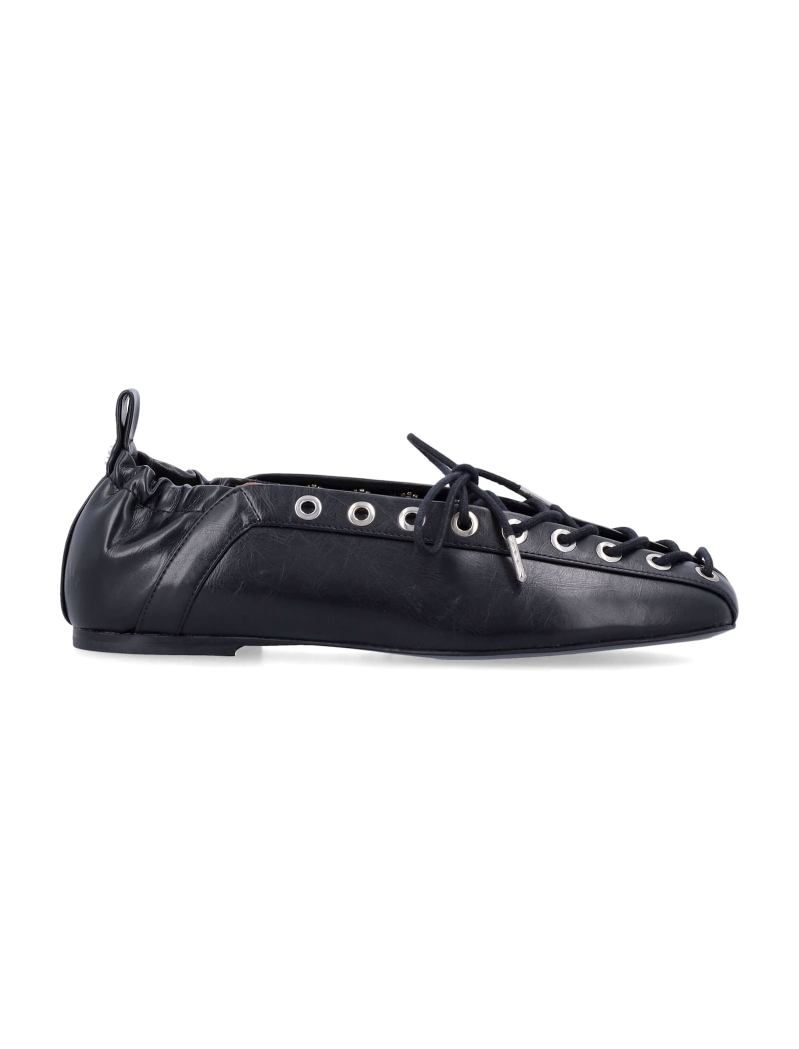 Ganni Eyelets Lace Up Ballerina Crinkle Oleatex In Black