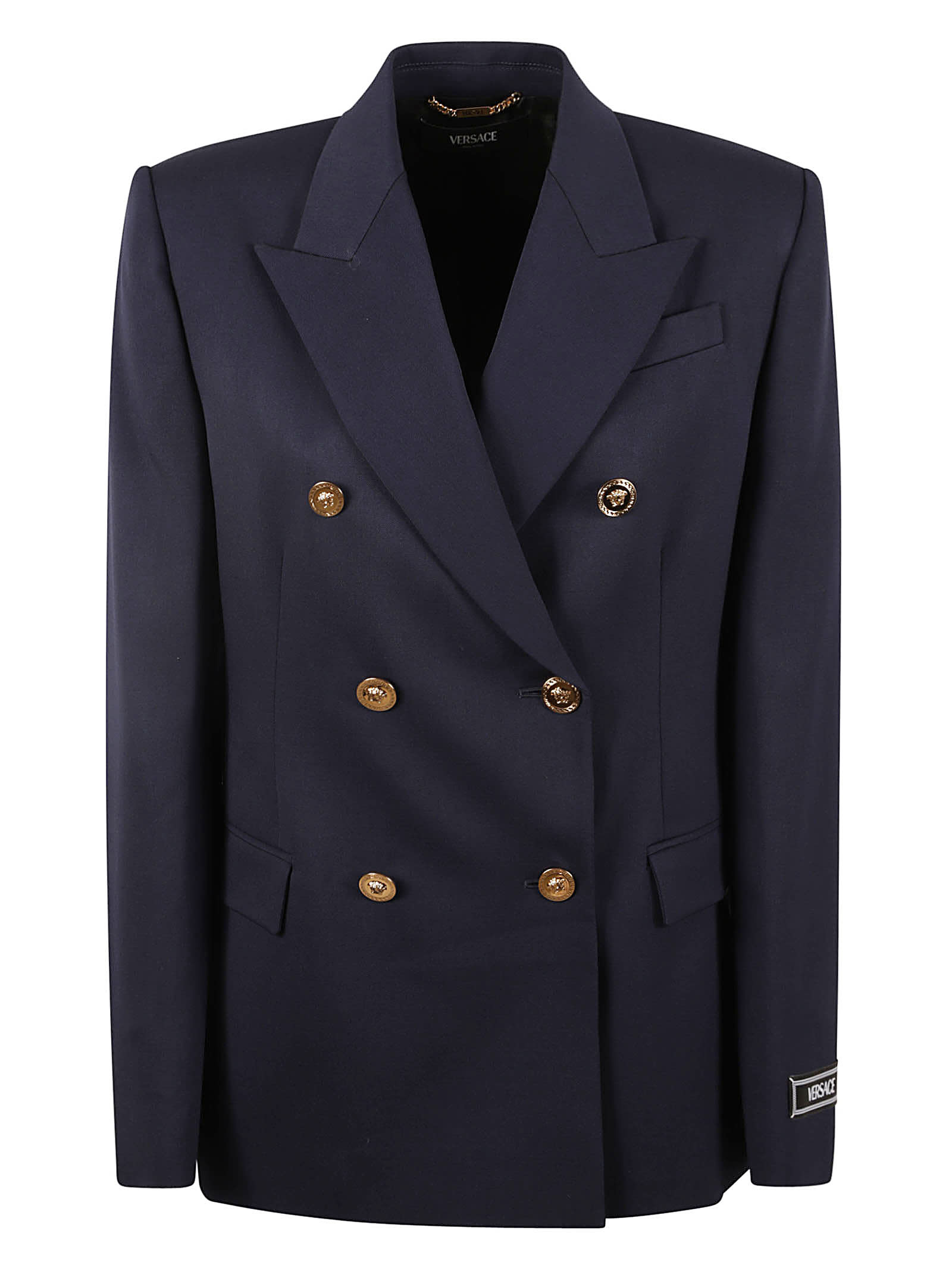 Shop Versace Logo Patched Dinner Jacket In Navy Blue