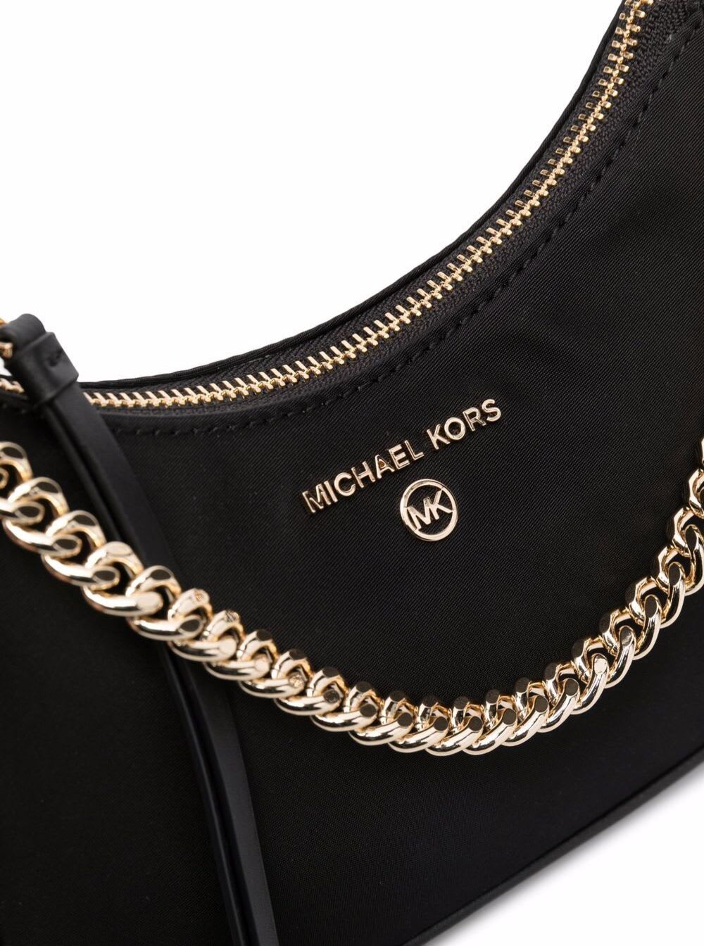 Shop Michael Kors Jet Set Charm Sm Chain Pouchette In Mk Sig Coated Twill Sm In Solid Gabardine Nylon In Black