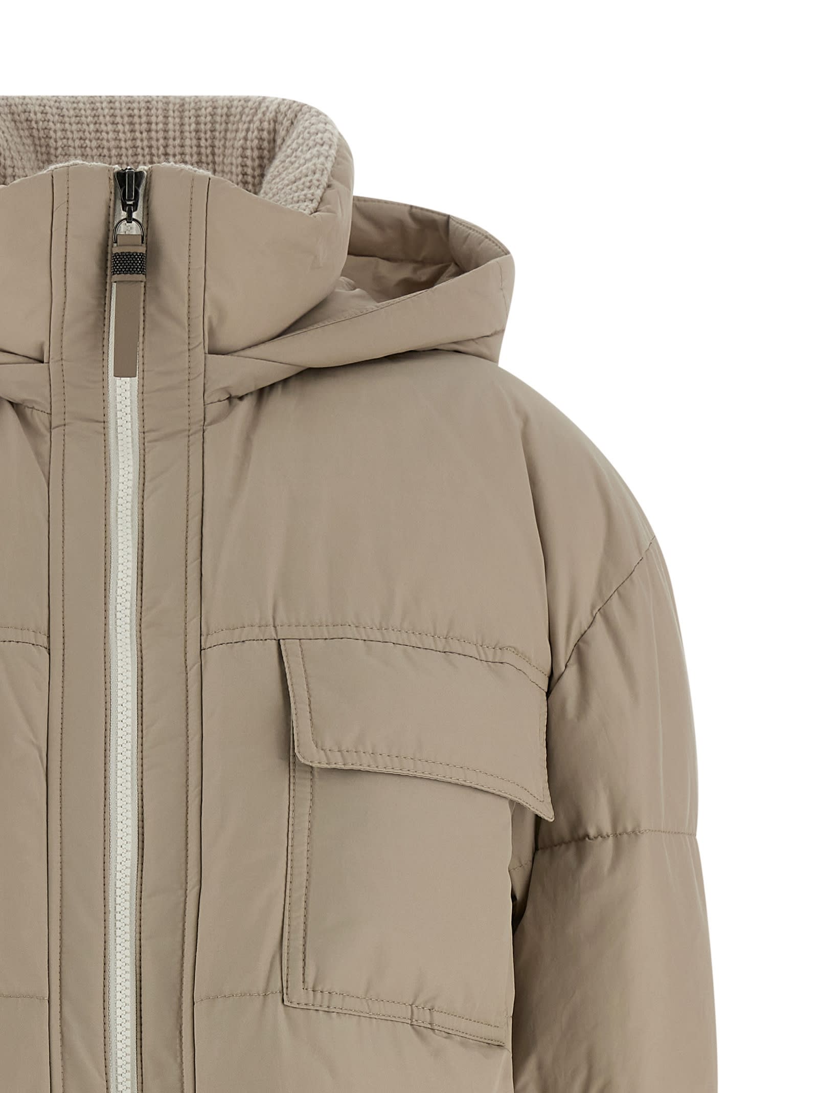 Brunello Cucinelli Knitted Neck Down Jacket In Neutral