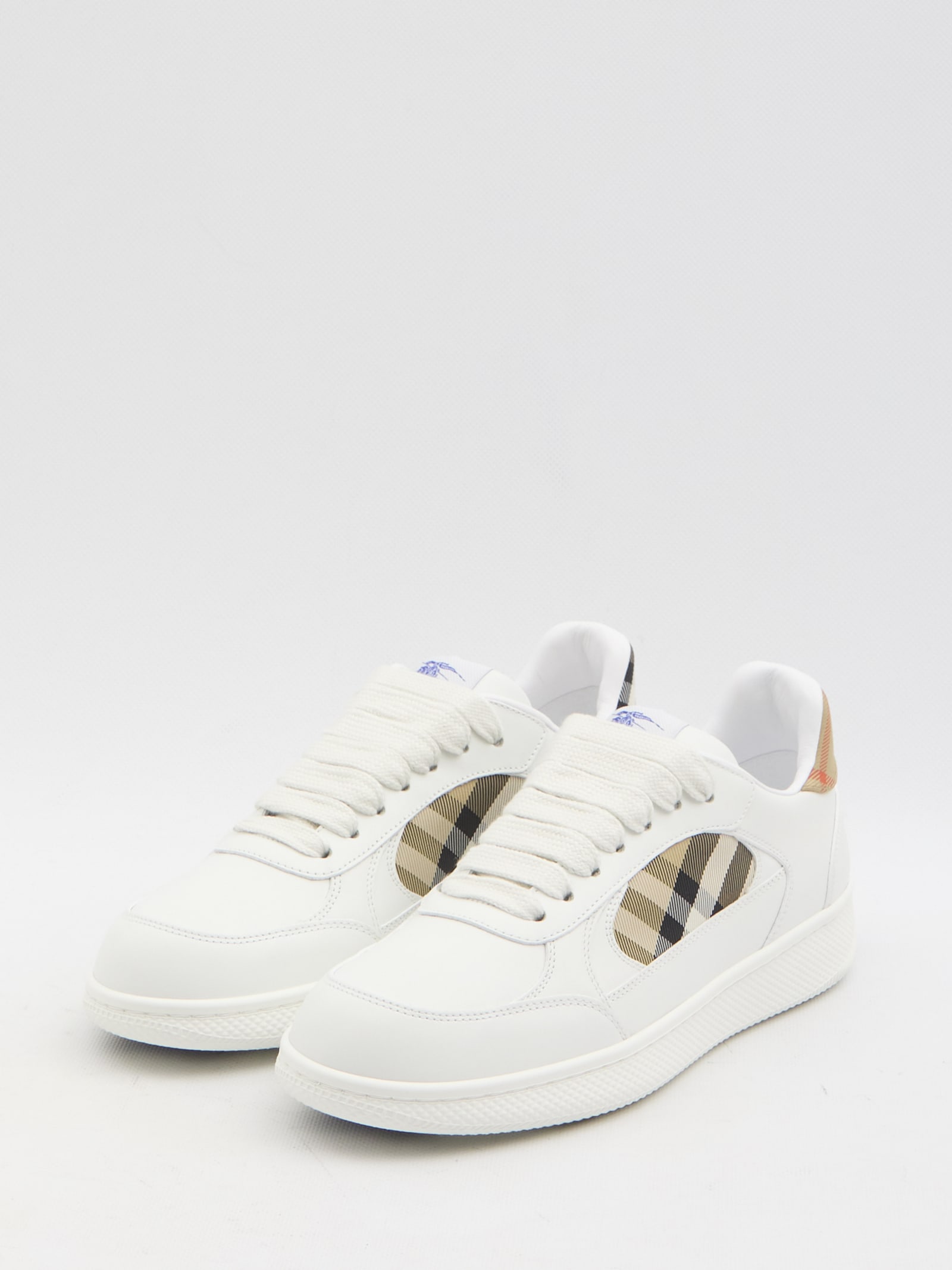 Burberry Men Low-top Leather Sneakers With Check Inserts In White