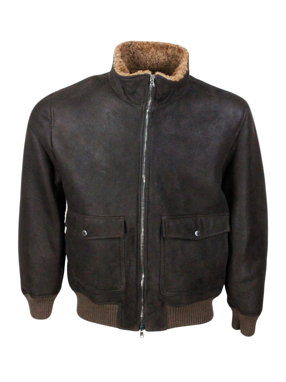 Barba Napoli Bomber Jacket In Fine And Soft Shearling Sheepskin With Stretch Knit Trims And Zip Closure. Front Po In Brown
