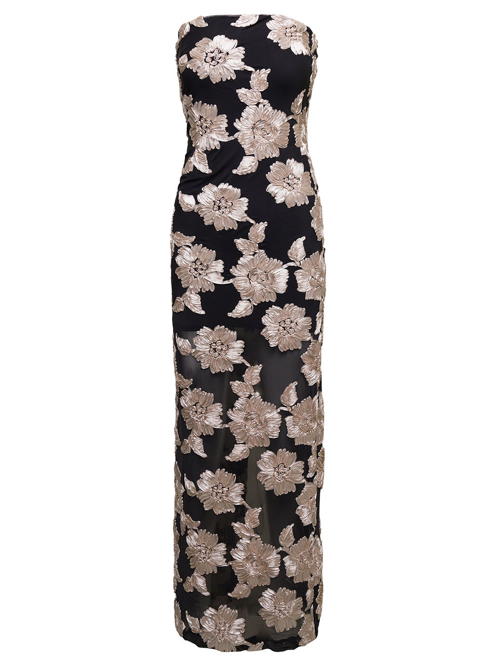 Maxi Black Dress With All-over Flowers Embroidery In Stretch Fabric Woman