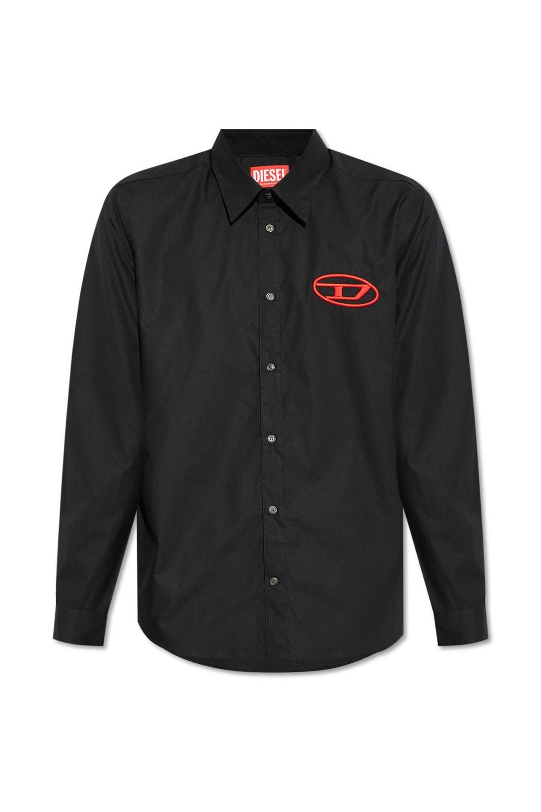 Shop Diesel Logo Embroidered Long-sleeved Shirt