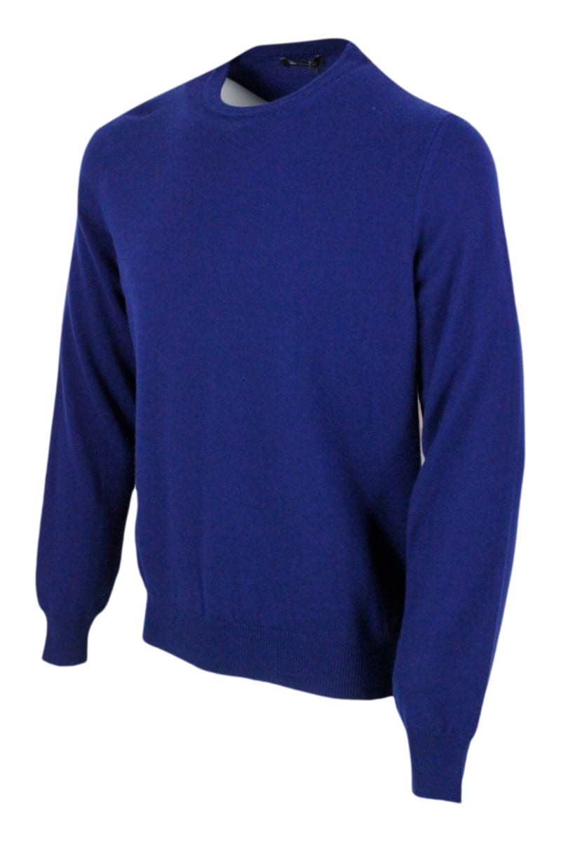 Shop Colombo Long-sleeved Crewneck Sweater In Fine 2-ply 100% Kid Cashmere With Special Processing On The Edge Of In Blu Royal