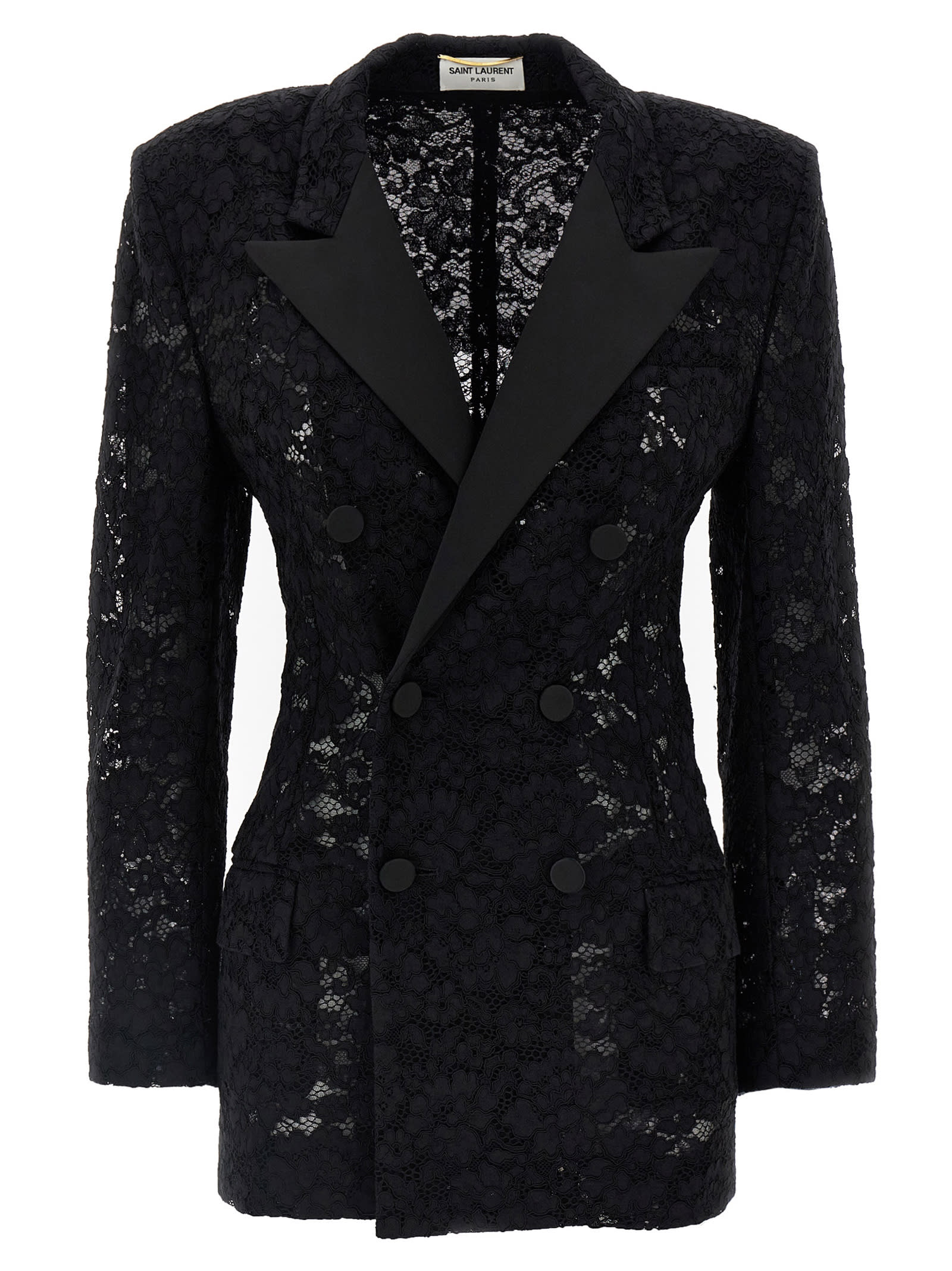 Shop Saint Laurent Guipure Lace Tuxedo Blazer In Black