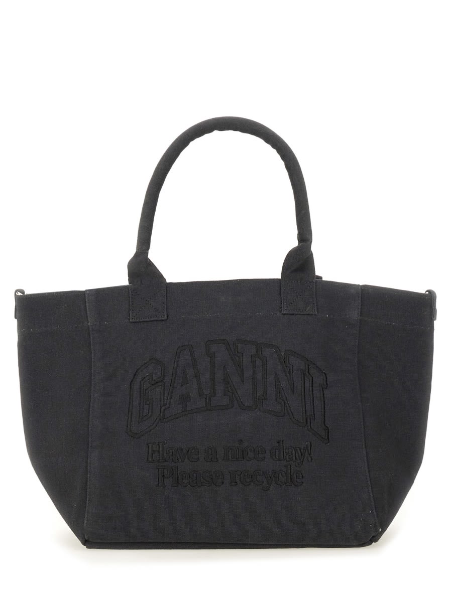 Shop Ganni Small Shopper Bag With Logo In Black