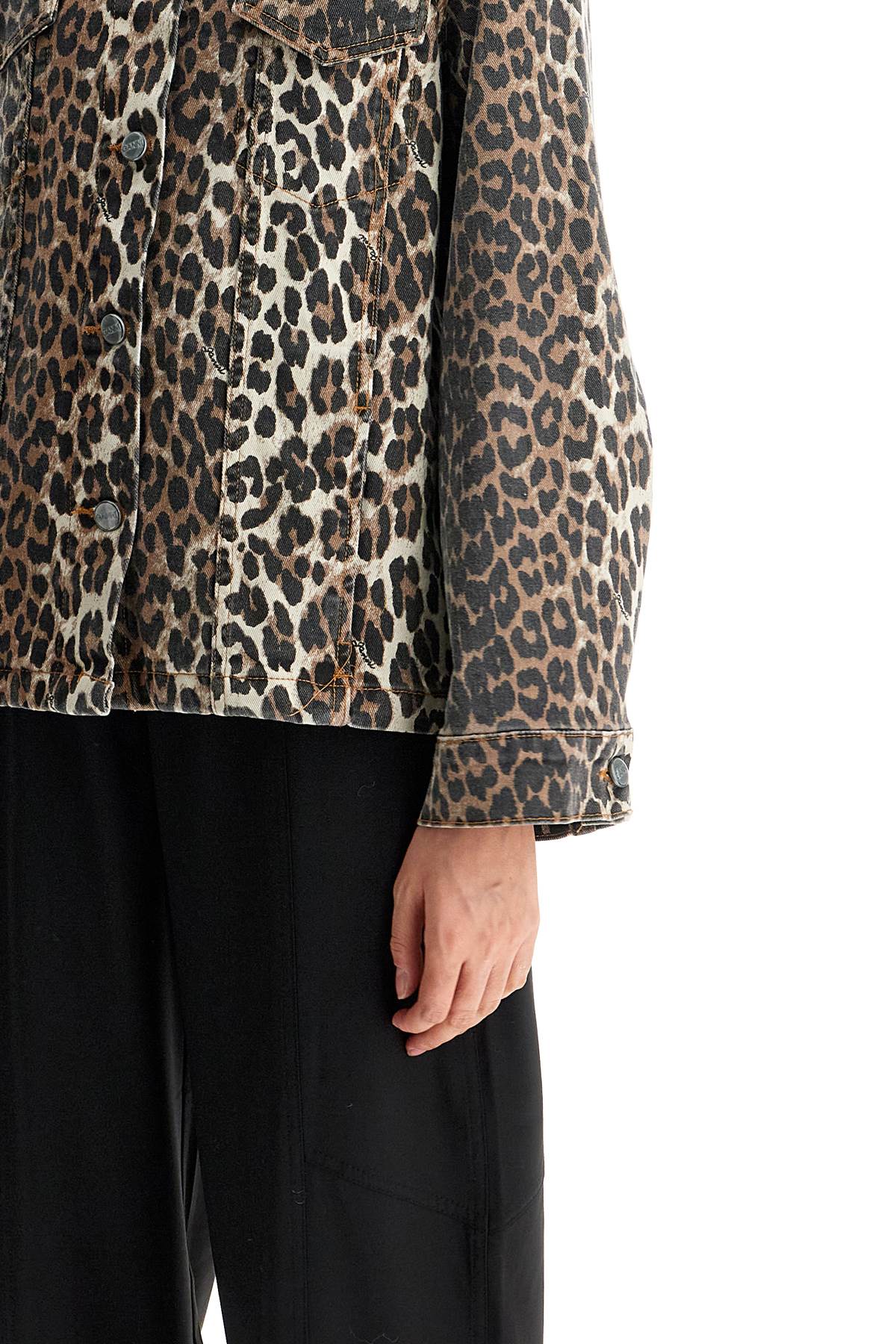 Shop Ganni Leopard Print Denim Jacket In Leopard (brown)