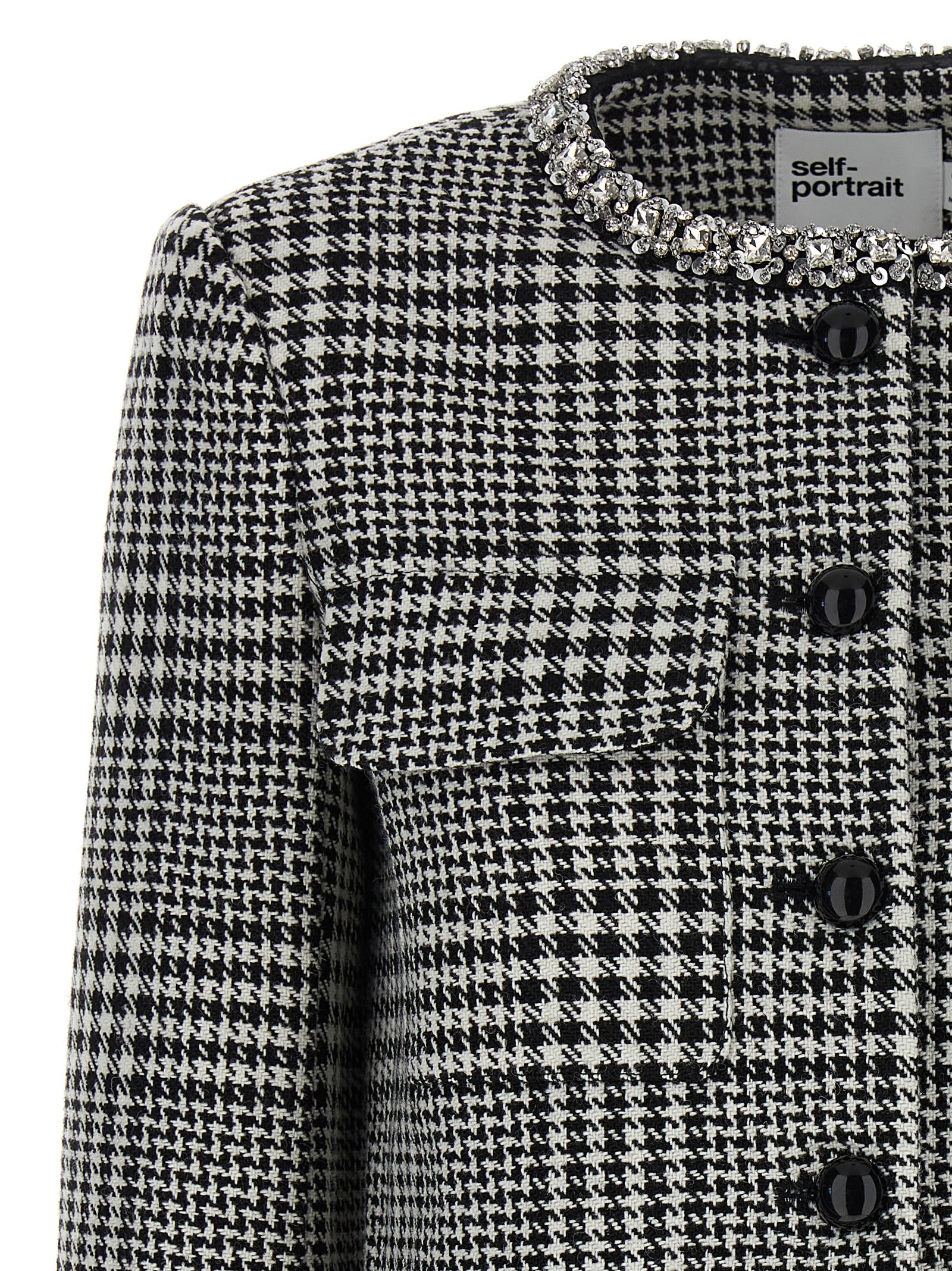 Self-portrait Houndstooth Jacket With Crystals In Gray