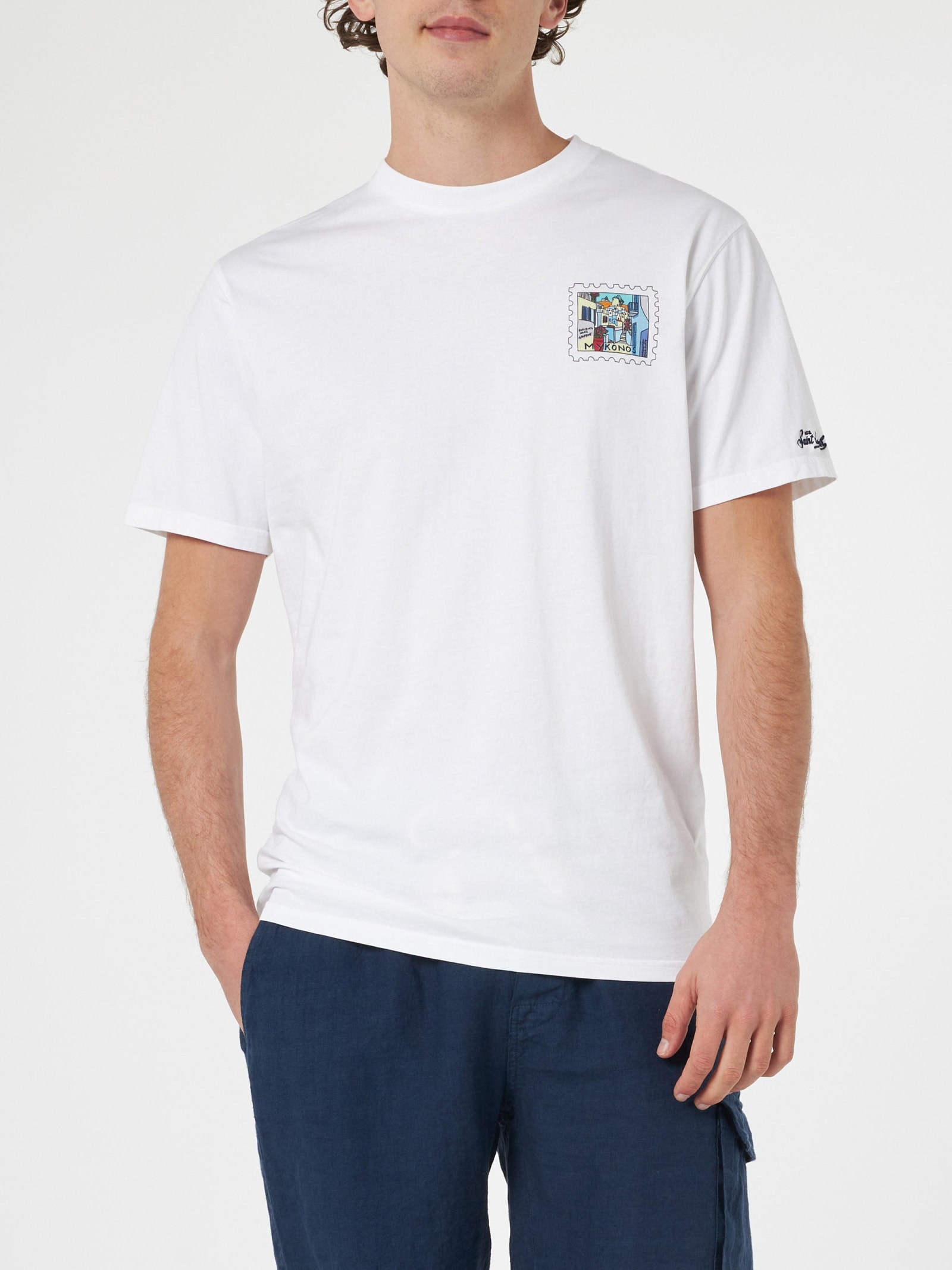MC2 SAINT BARTH MAN COTTON T-SHIRT WITH MYKONOS POSTCARD FRONT AND BACK PRINT ALESSANDRO ENRIQUEZ SPECIAL EDITION