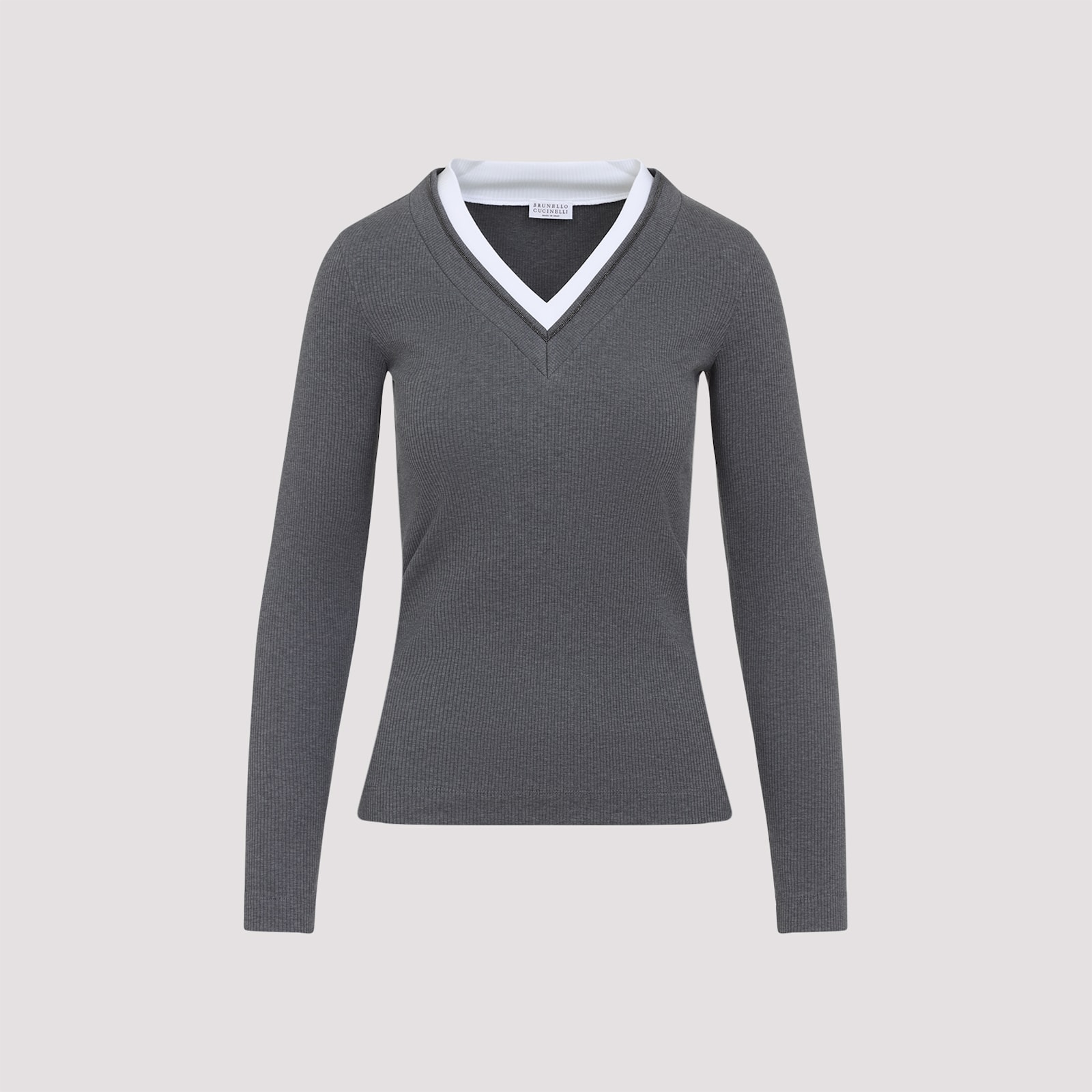 Brunello Cucinelli Ribbed Long Sleeves Top With Contrast Trim