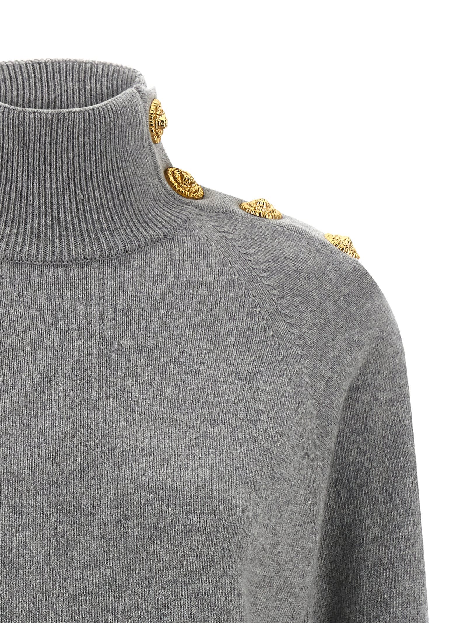 Balmain Cashmere Wool Turtleneck Dress Gold Button Detail In Gray