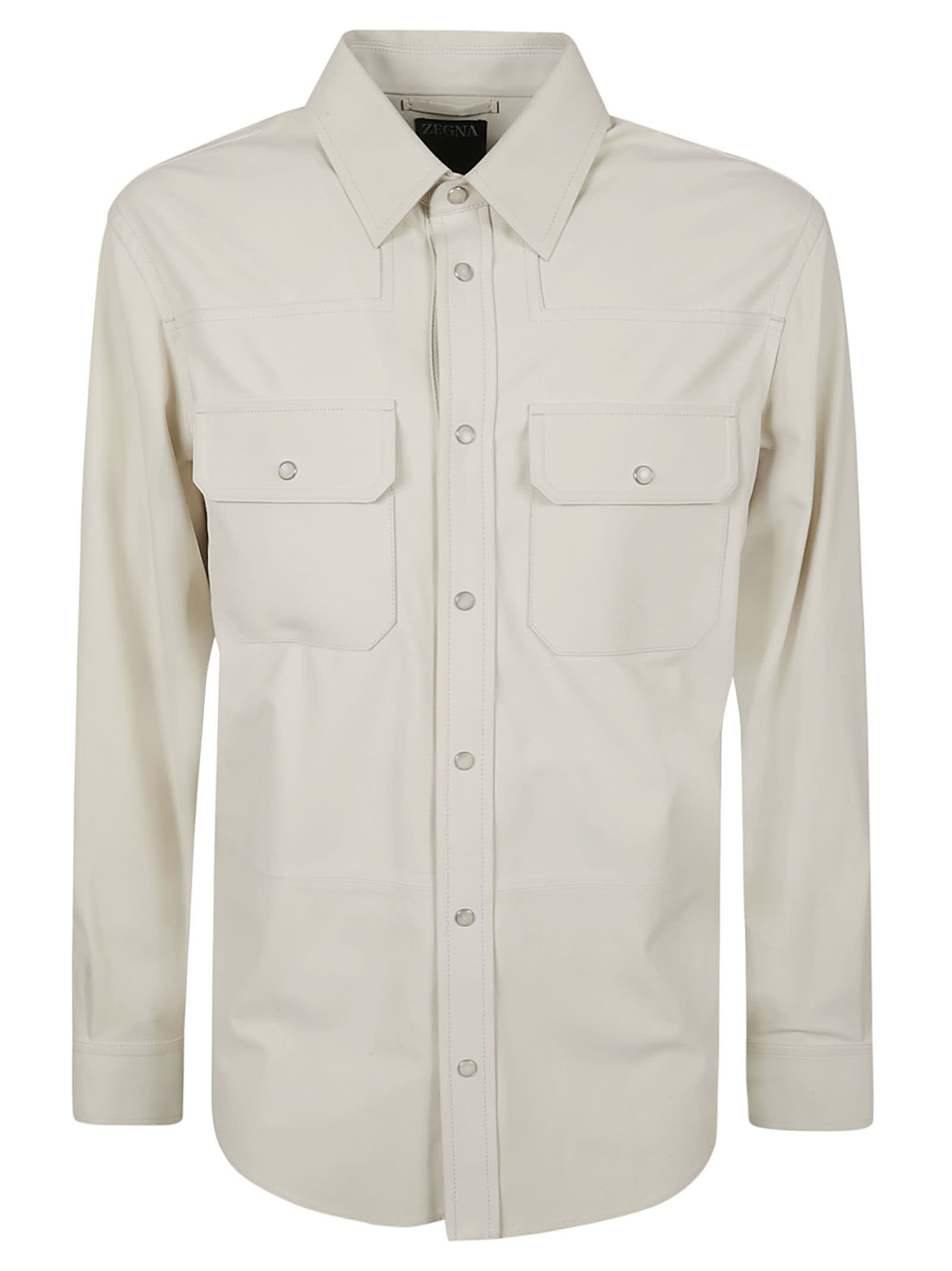 Zegna Round Hem Patched Pocket Buttoned Shirt In Beige