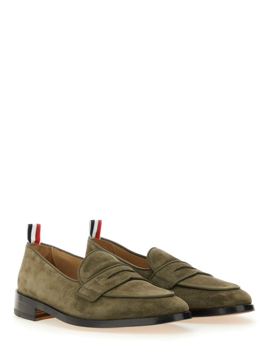 Thom Browne Suede Loafers With Rounded Toe And Tricolor Detail In Green