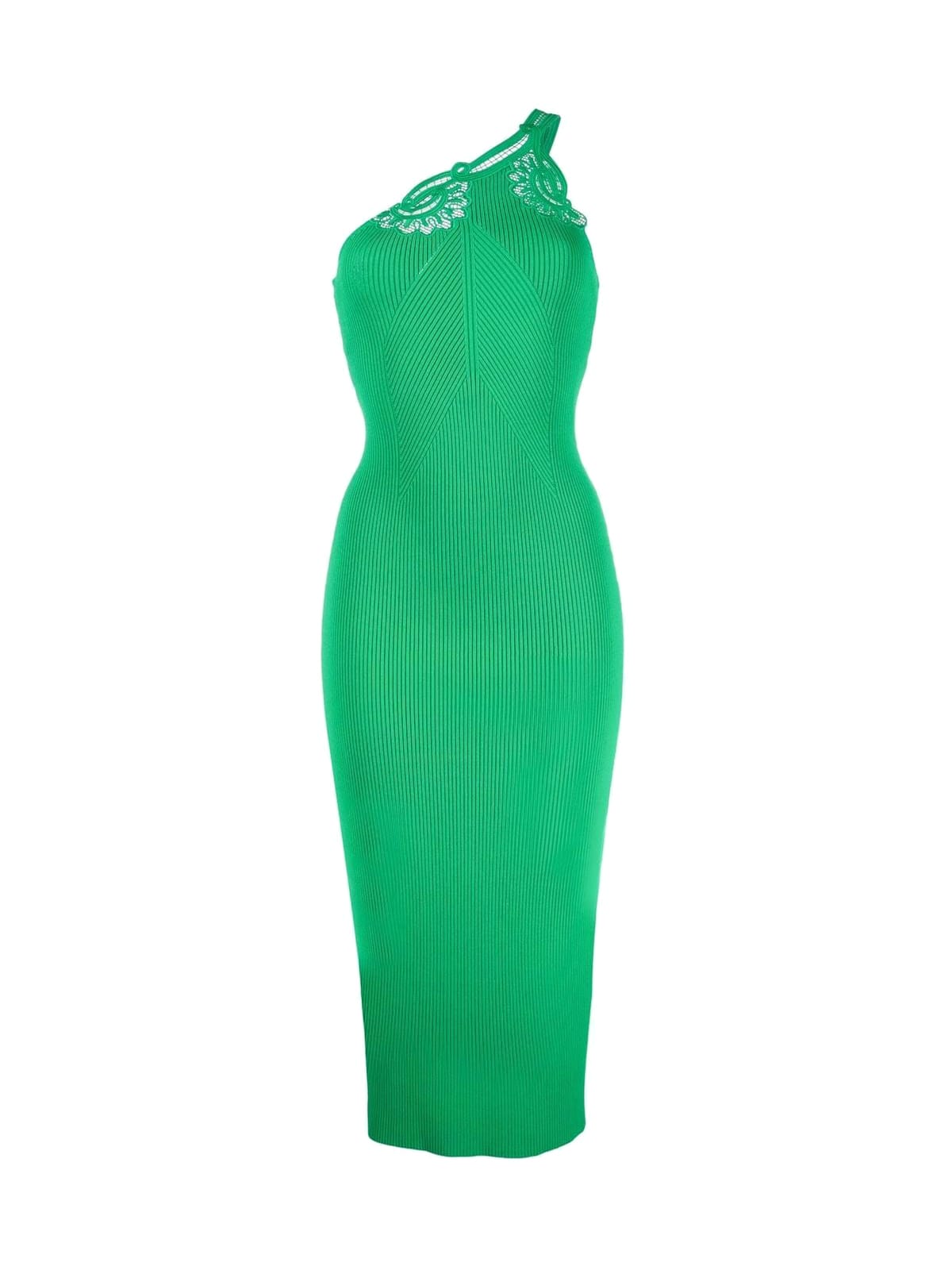 self-portrait Bright Green One Shoulder Ribbed Knit Midi Dress