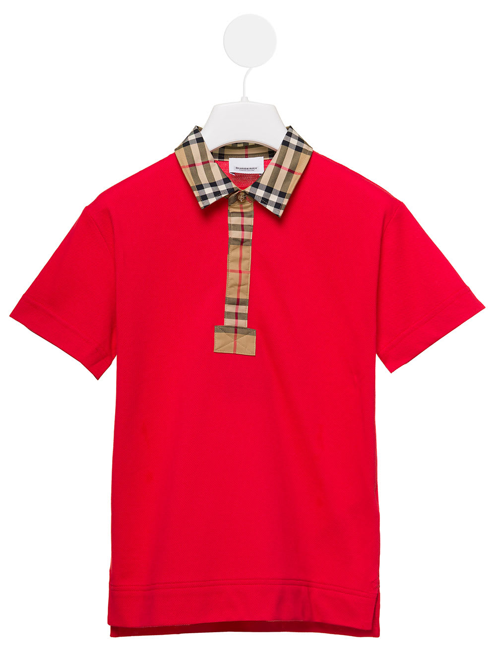 BURBERRY RED POLO WITH VINTAGE CHECK PRINT ON COLLAR AND FLAP IN COTTON BOY BURBERRY KIDS