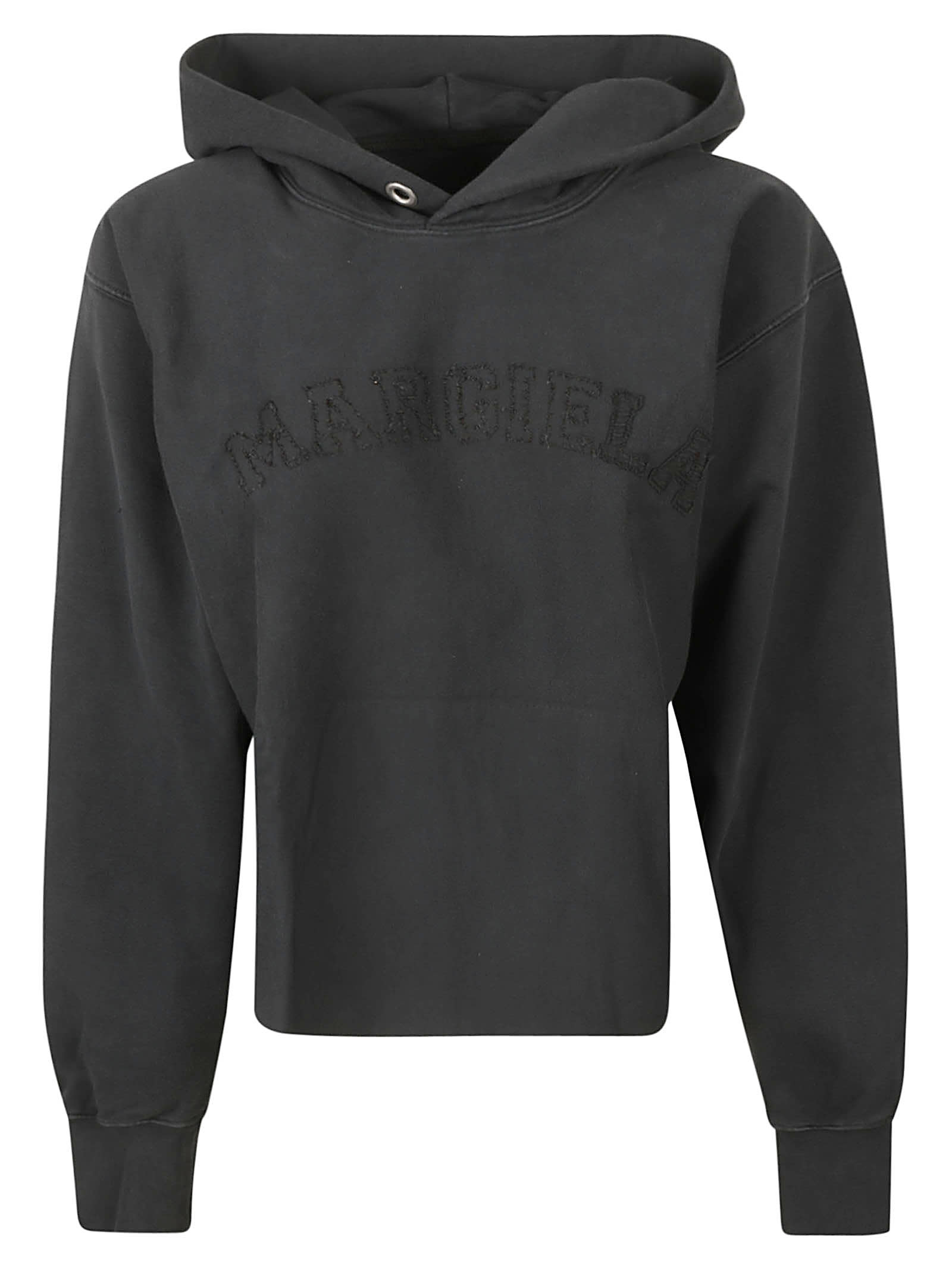 Shop Maison Margiela Logo Embroidered Hoodie In Black/delave