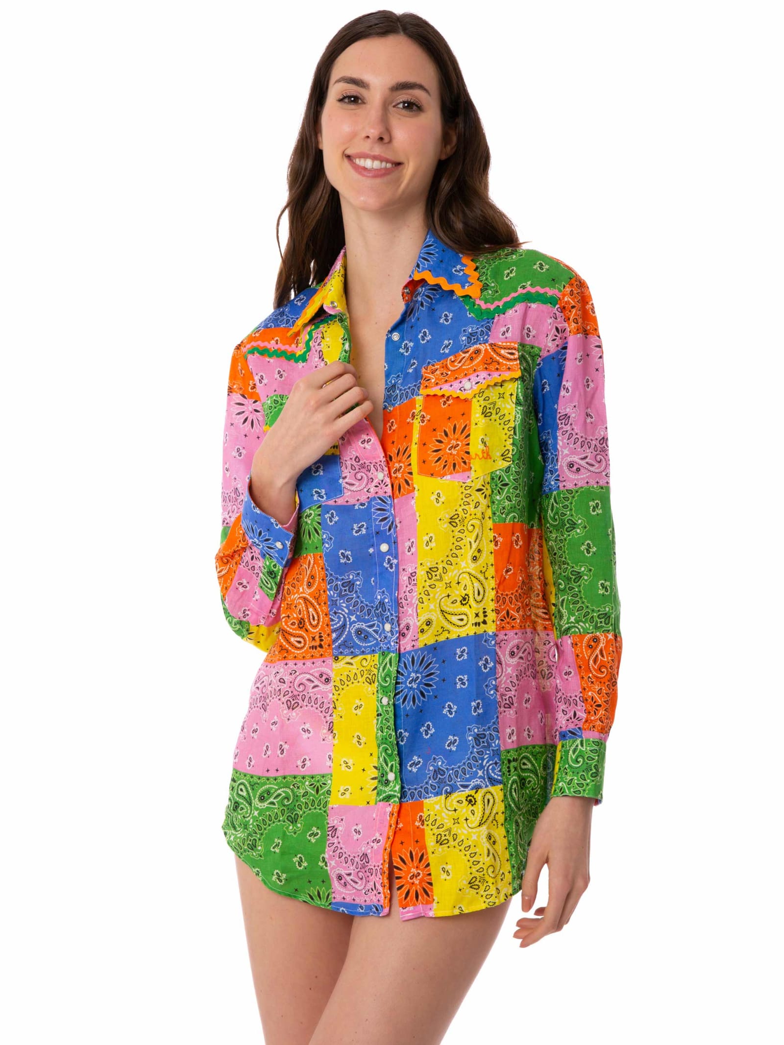 Mc2 Saint Barth Woman Linen Pants With Multicolor Bandanna Print In Multicolor