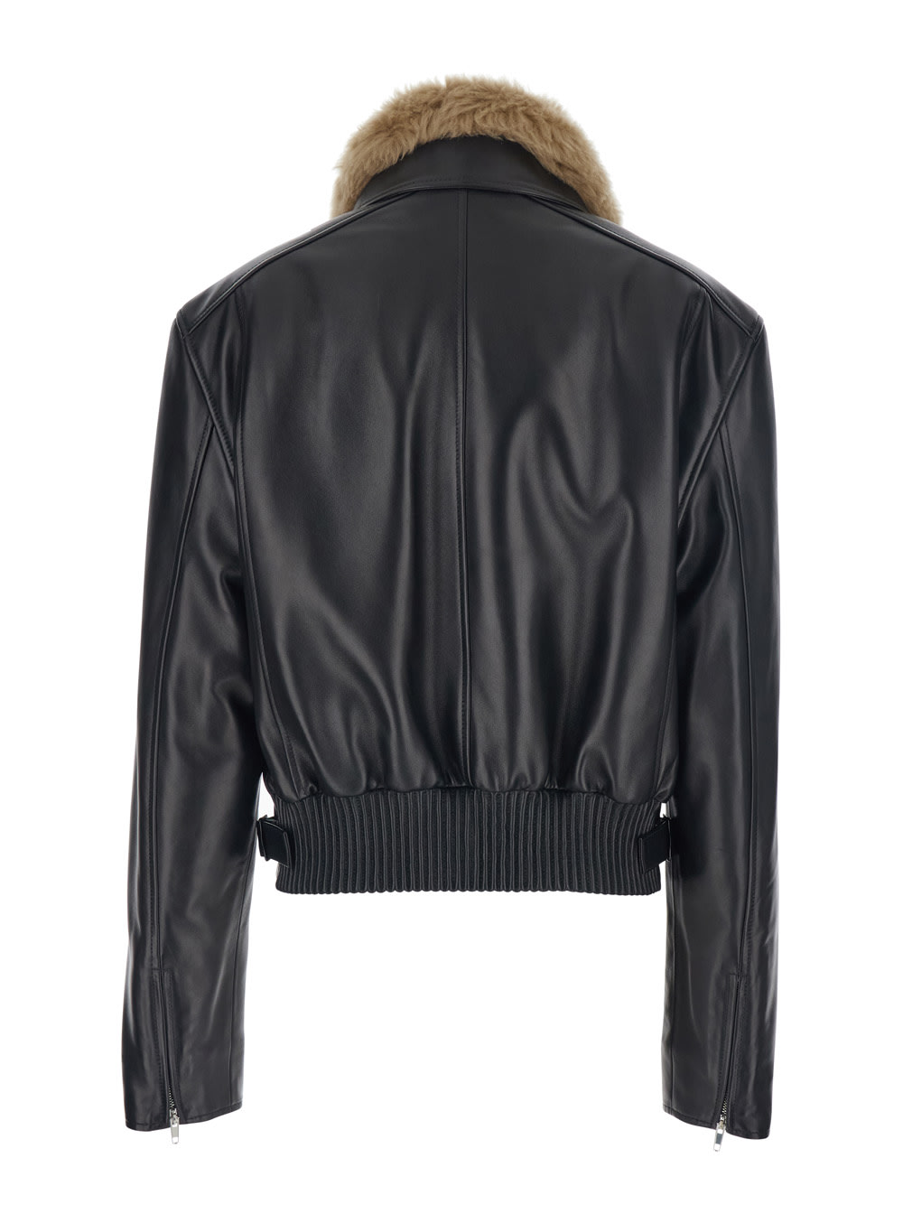 Phoebe Philo Black Cropped Jacket With Removable Fur Collar And Two Front Welt Pockets In Leather Woman In Blue