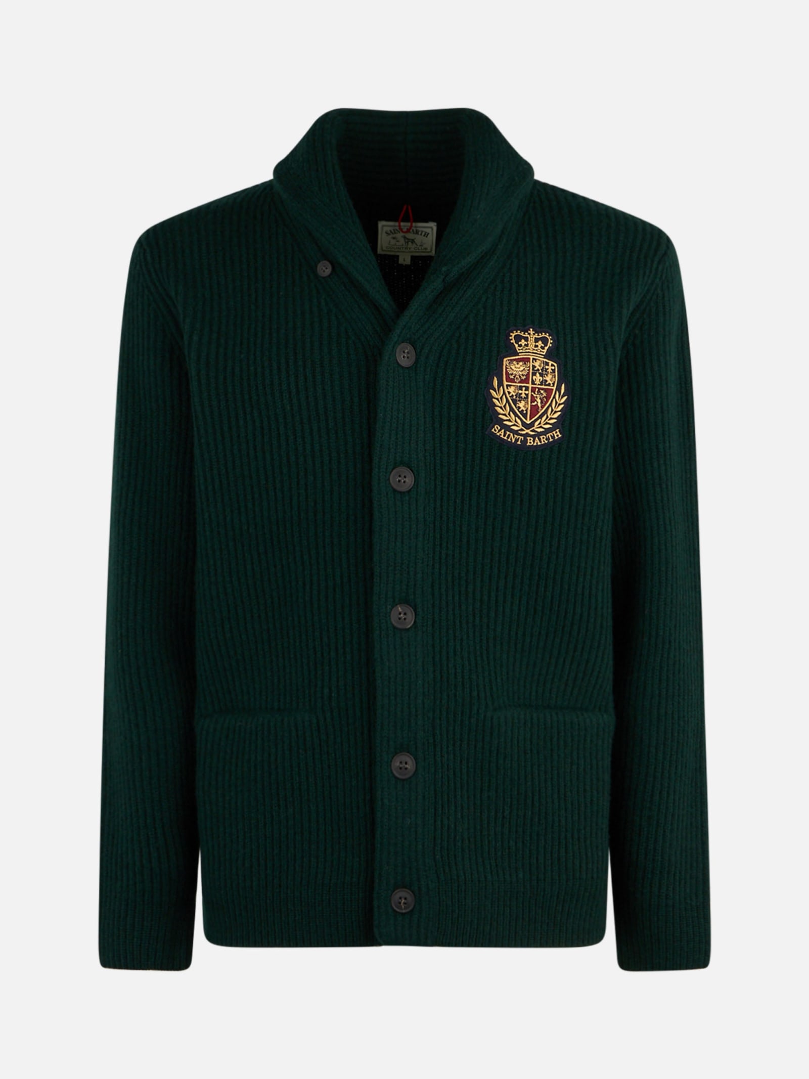 Shop Mc2 Saint Barth Man Shawl Collar Green Ribbed Cardigan With Pockets And Patch