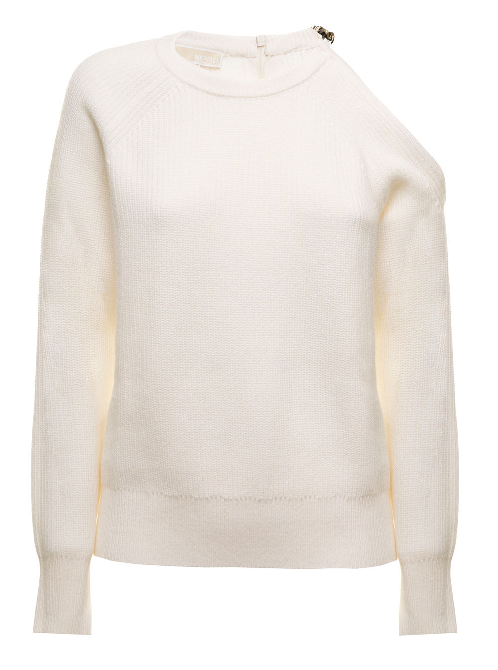 MICHAEL Michael Kors M Michael Kors Womans White Merino Wool Sweater With Cut Out Detail On The Shoulder And Metal Logo