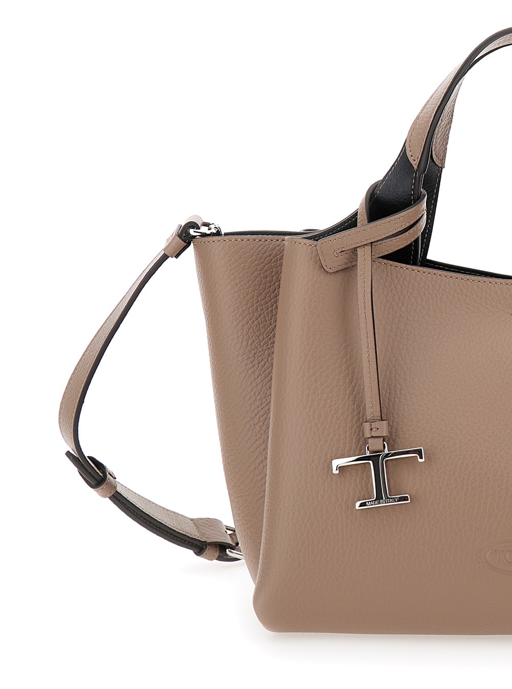 Shop Tod's Beige Handbag With Embossed Logo And T Timeless Charm In Grainy Leather Woman In Black