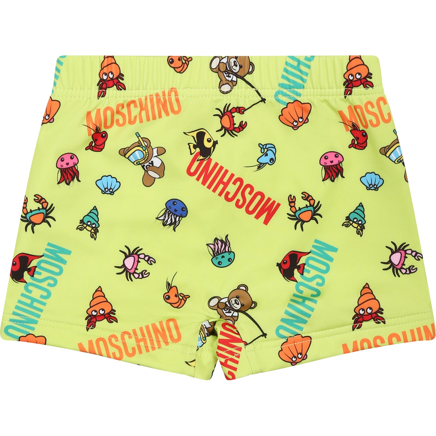 Shop Moschino Green Swim Shorts For Baby Boy With Marine Animals And Logo