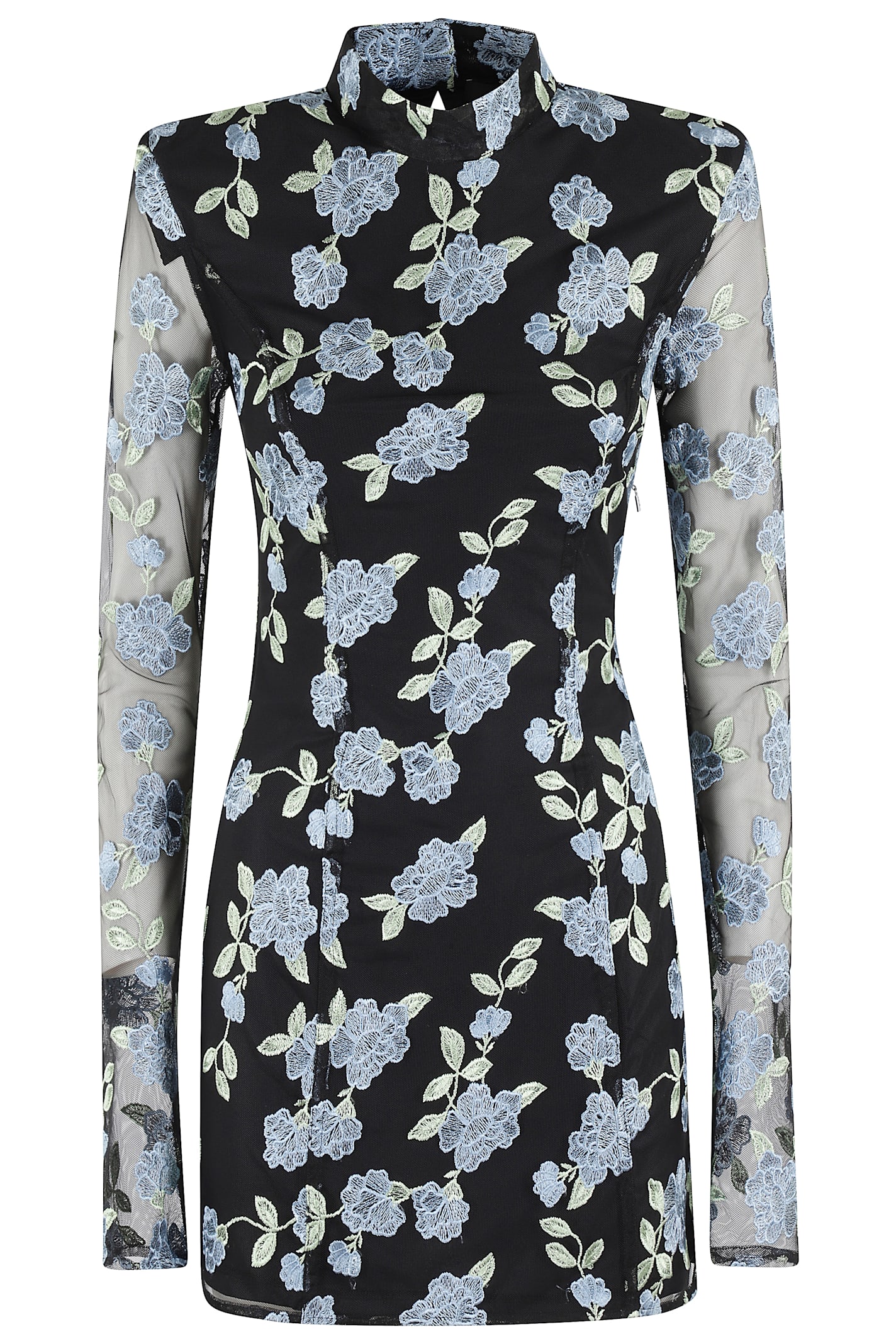 Mini Dress With Semi Sheer Sleeves And All-over Floral Motif In Tech Fabric